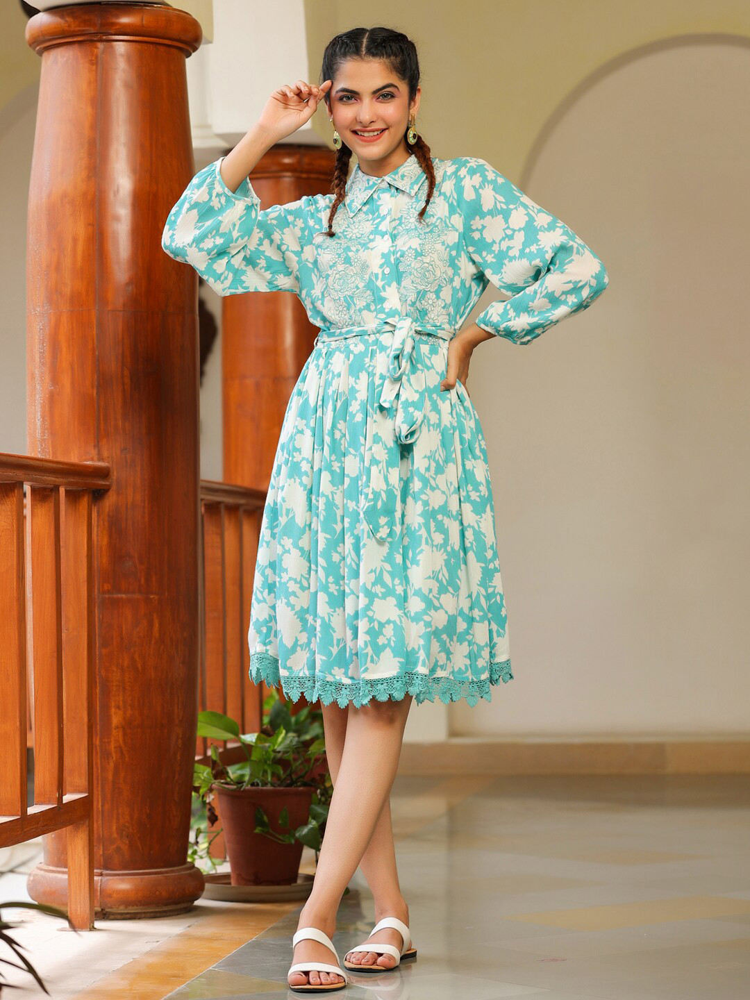 

Aadews Floral Printed Shirt Collar Puff Sleeves Fit & Flare Dress, Blue
