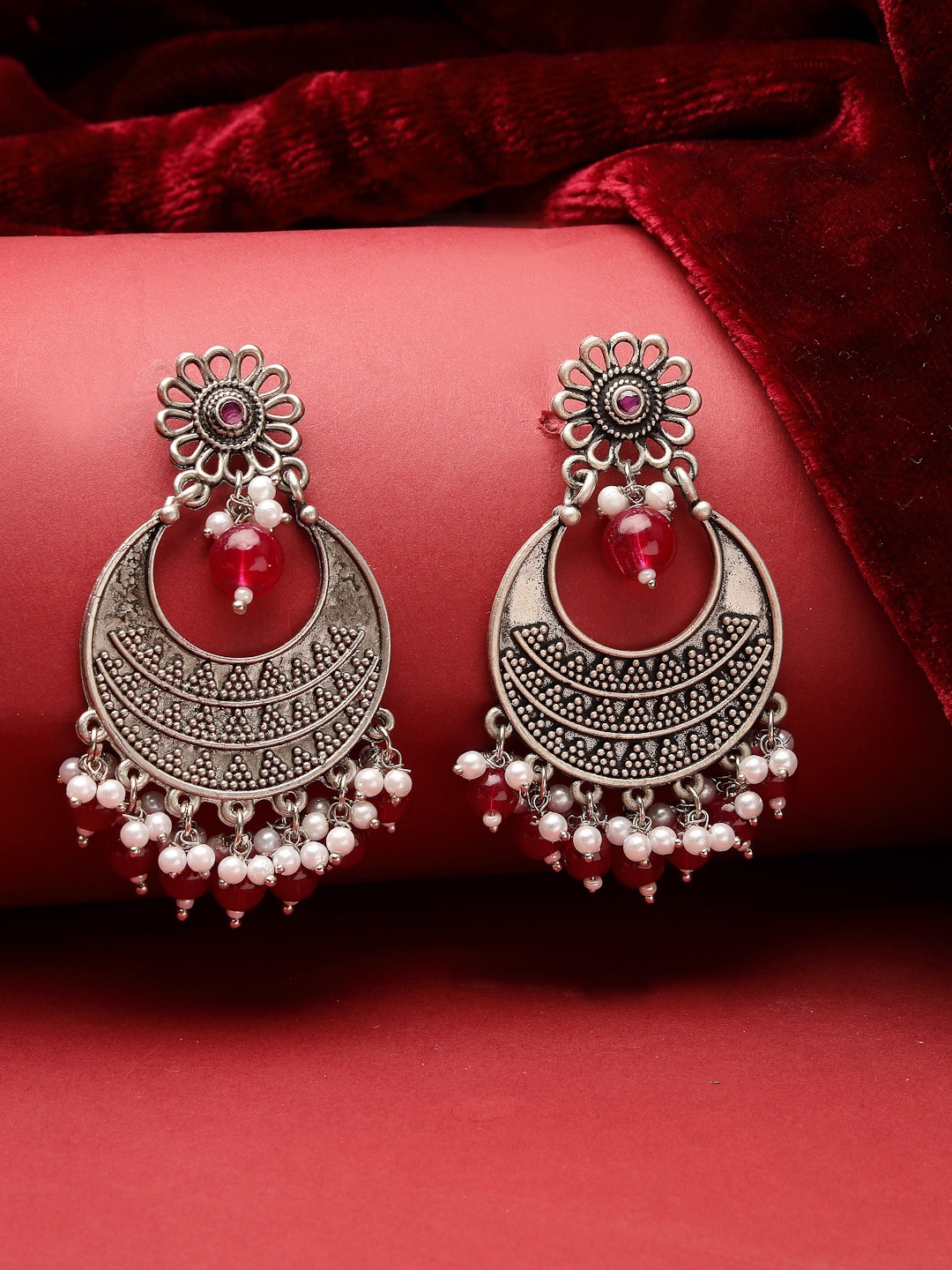 

ADIVA Silver-Plated Stone & Pearls Crescent Shaped Chandbalis