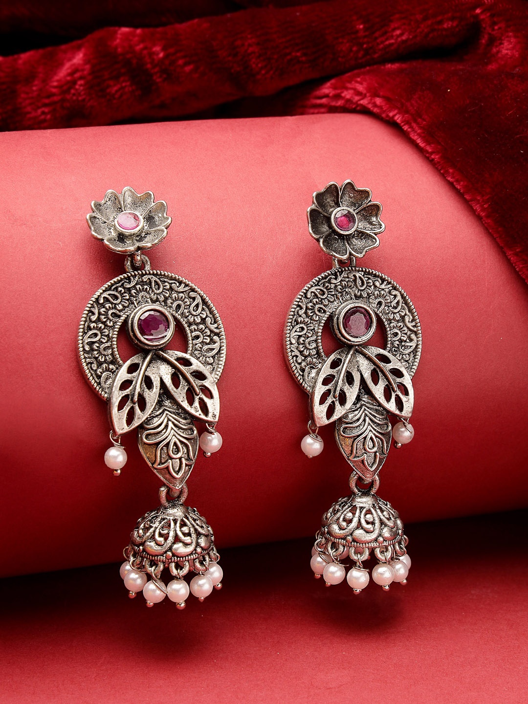 

ADIVA Silver-Plated Floral Jhumkas
