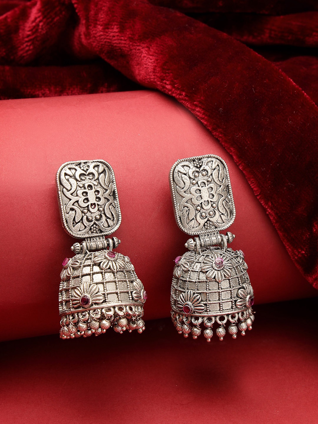 

ADIVA Oxidised Silver-Plated Dome Shaped Jhumkas