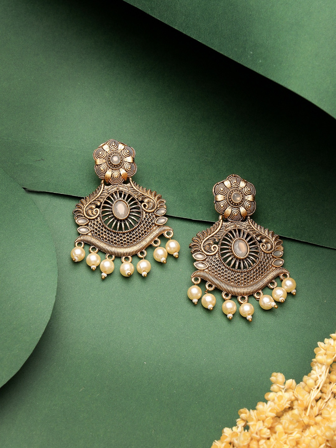 

ADIVA Gold-Toned Leaf Shaped Chandbalis Earrings