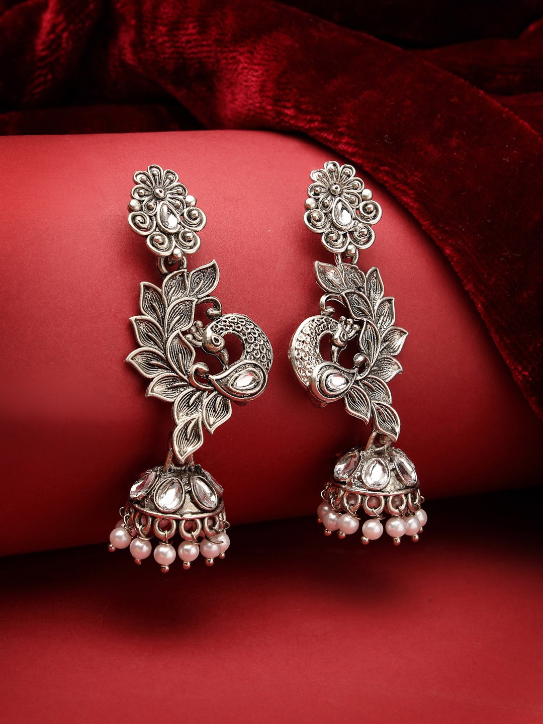 

ADIVA Silver-Plated Peacock Shaped Jhumkas