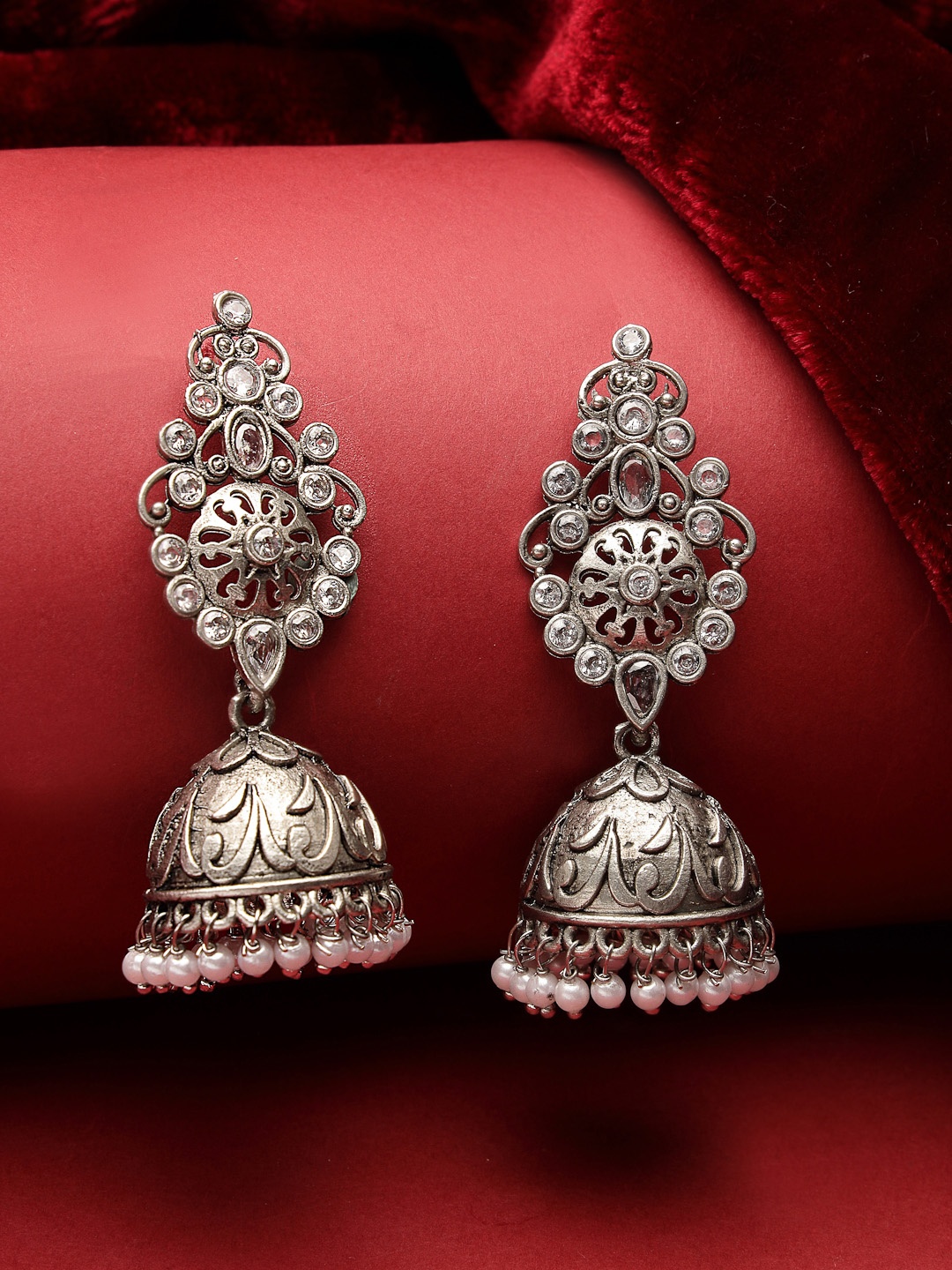 

ADIVA Silver-Plated Dome Shaped Jhumkas Earrings