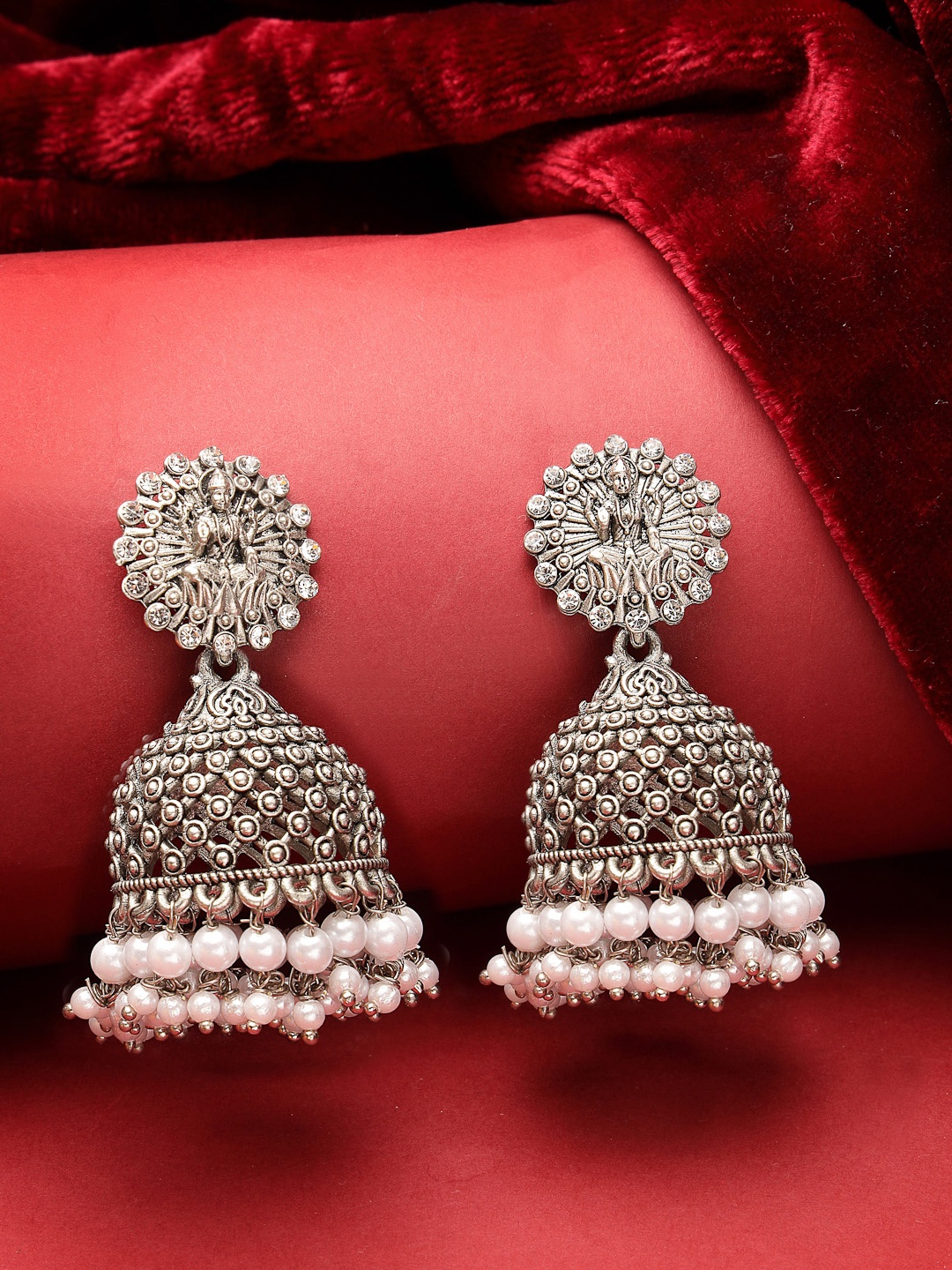 

ADIVA Silver-Plated AD Stone & Pearls Dome Shaped Jhumkas