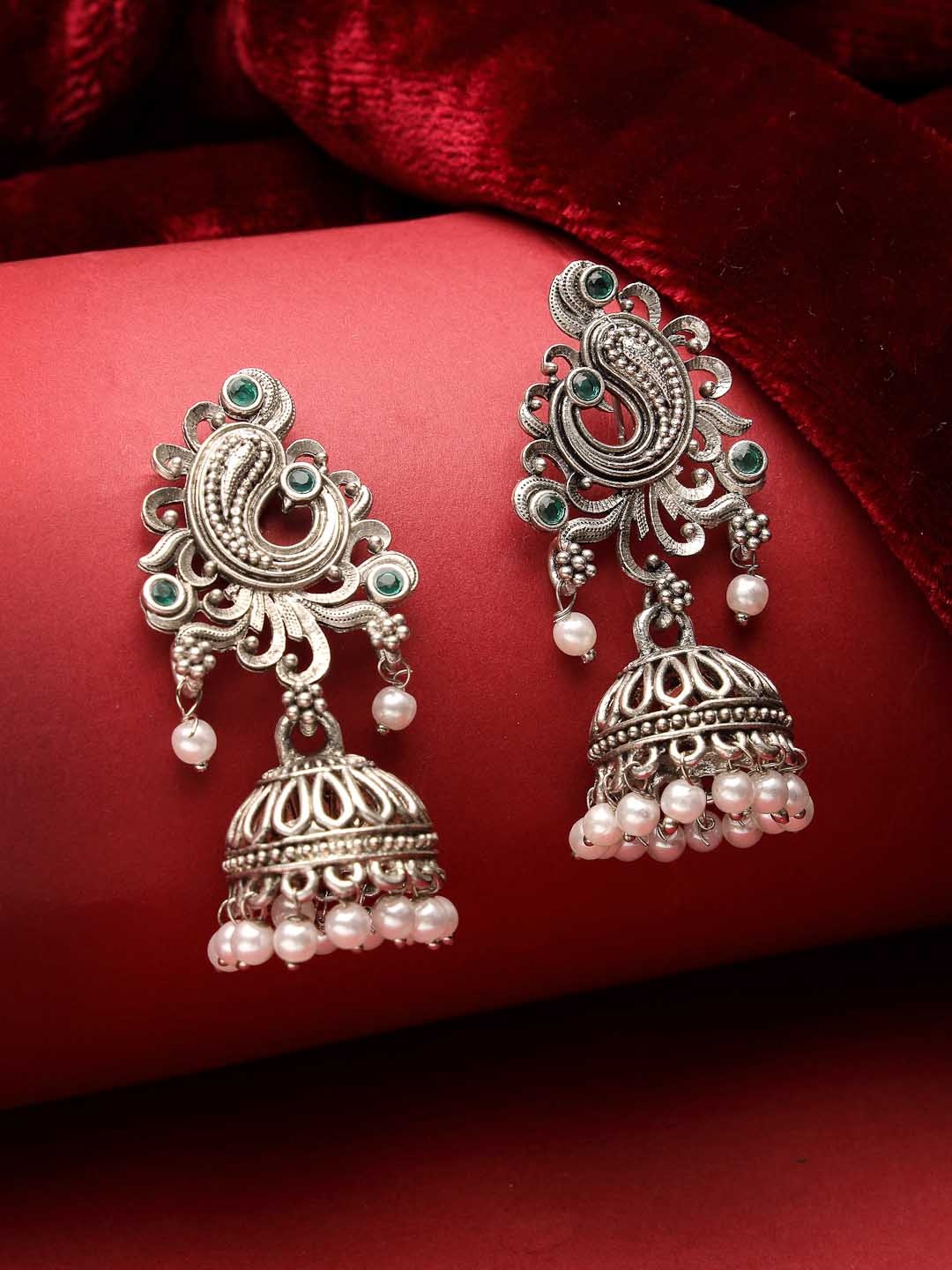 

ADIVA Silver-Plated Peacock Shaped Jhumkas