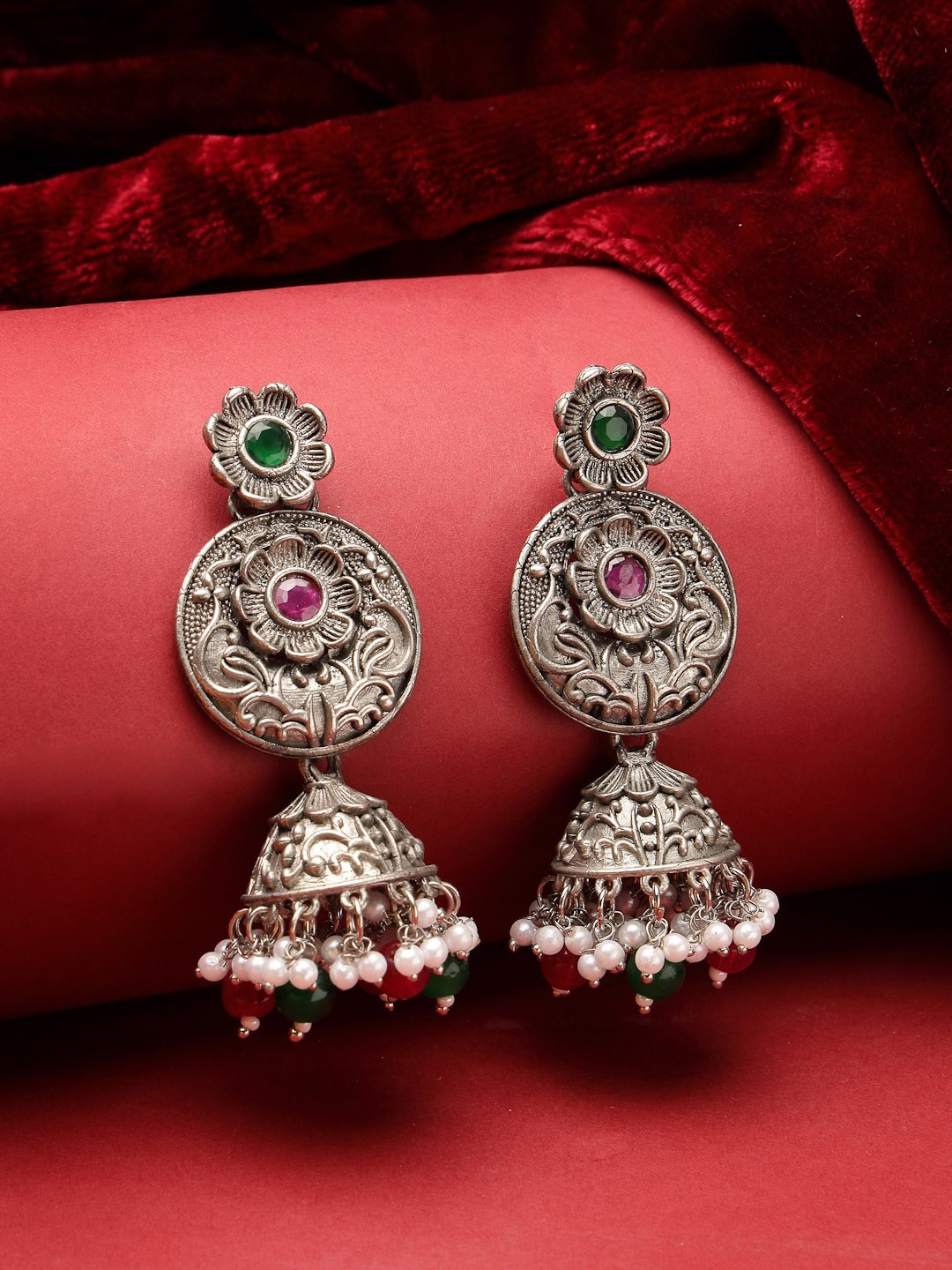 

ADIVA Silver-Plated Floral Jhumkas Earrings