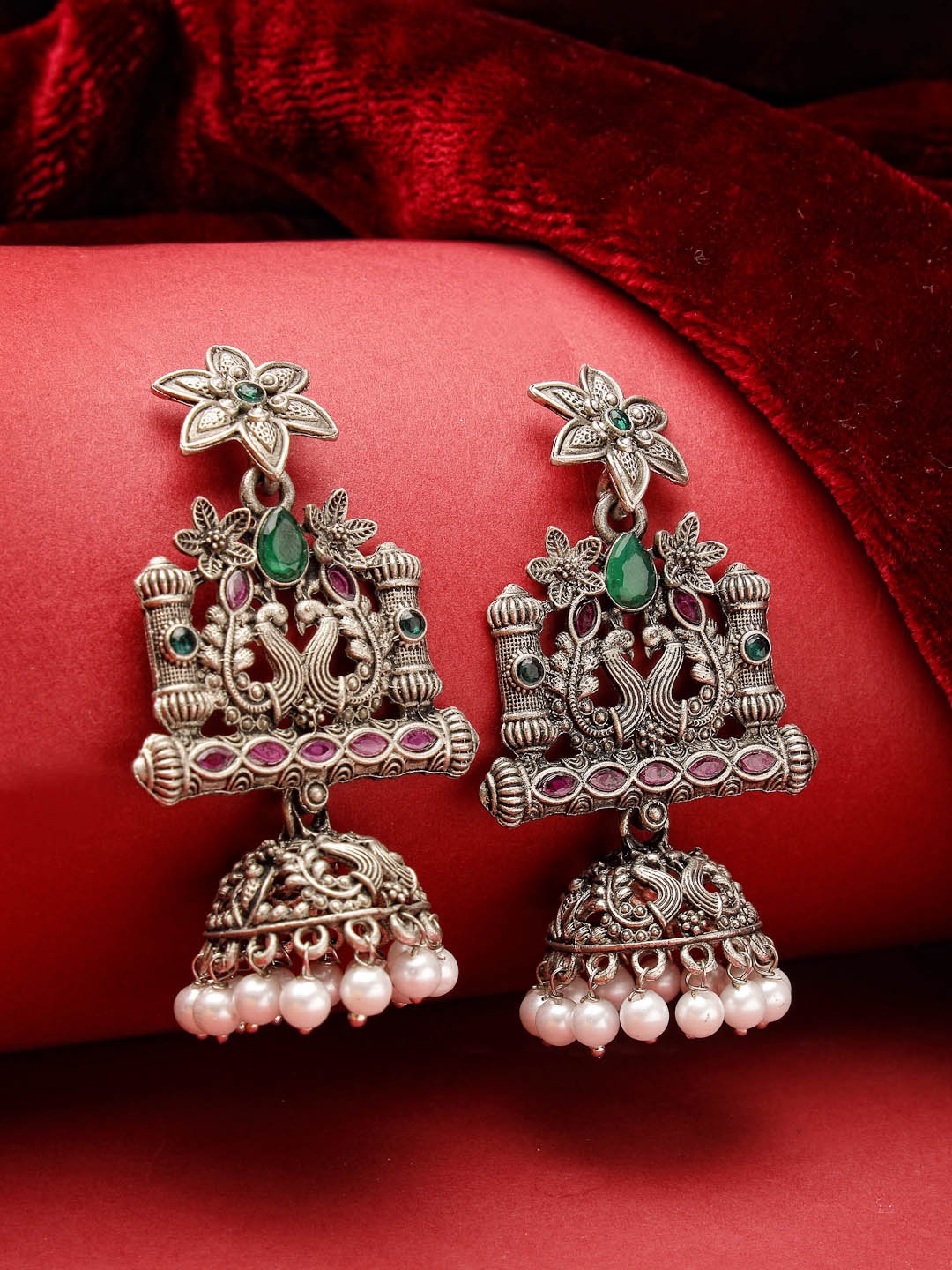 

ADIVA Silver-Plated Peacock Shaped Jhumkas
