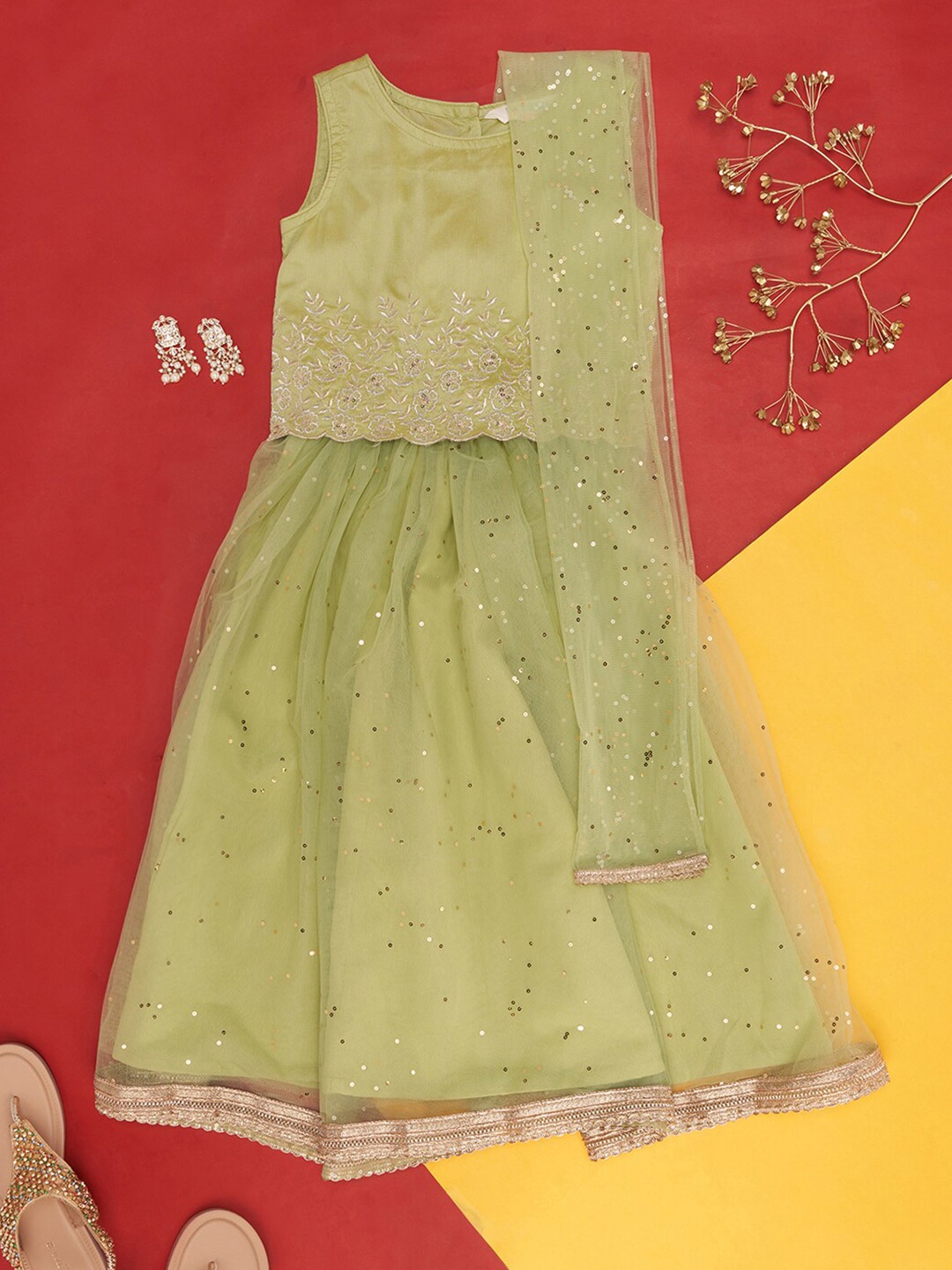 

AKKRITI BY PANTALOONS Girls Embroidered Sequinned Ready to Wear Lehenga Choli, Lime green