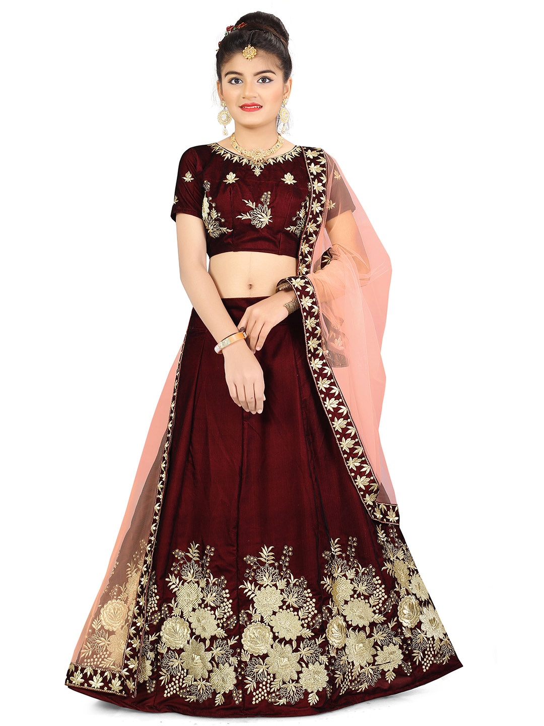 

BAESD Girls Embroidered Thread Work Semi-Stitched Lehenga & Unstitched Blouse With Dupatta, Maroon