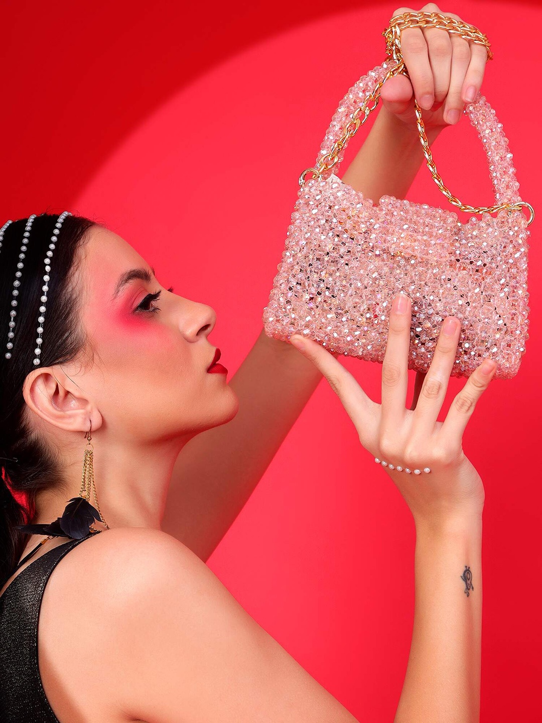 

MODARTA Embellished Structured Small Handheld Bag, Pink