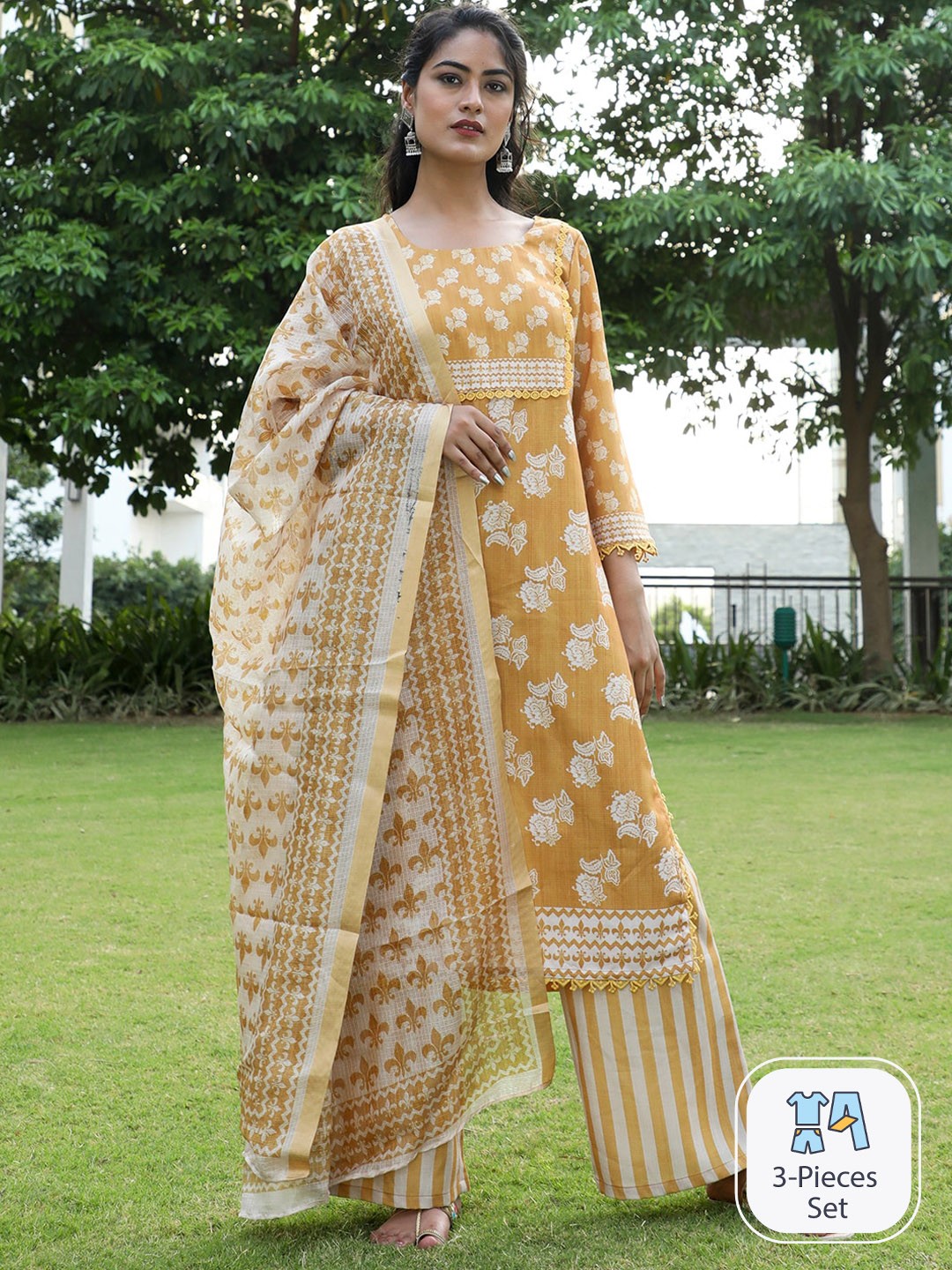 

AKS Couture Floral Printed Linen Kurta With Palazzos & Dupatta, Mustard