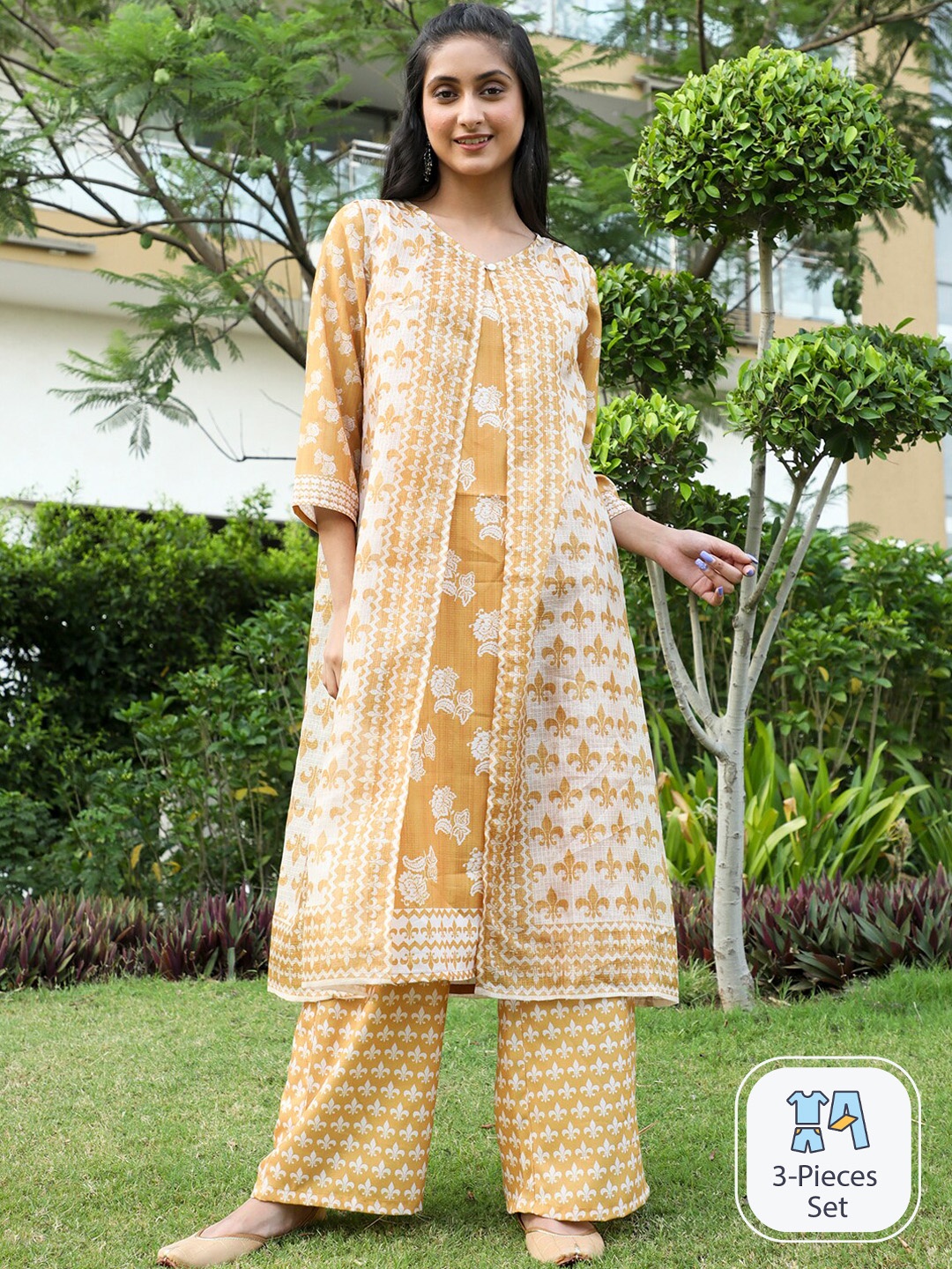 

AKS Couture Ethnic Motifs Printed Linen A Line Kurta With Palazzos, Mustard