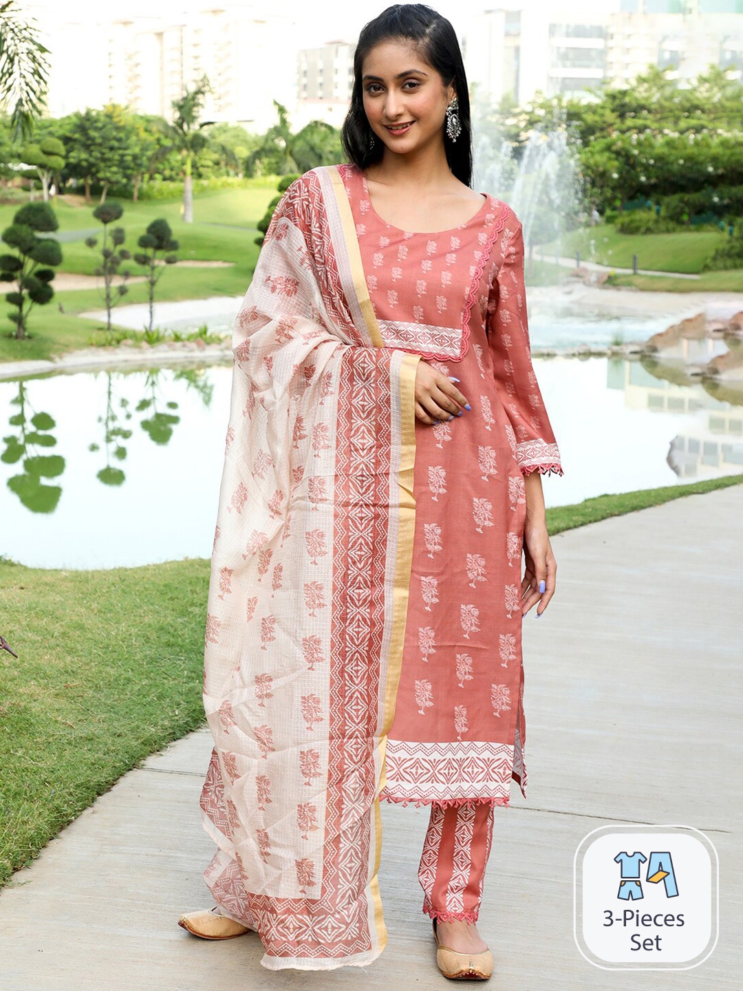 

AKS Couture Floral Printed Linen Kurta with Trousers & Dupatta, Mauve
