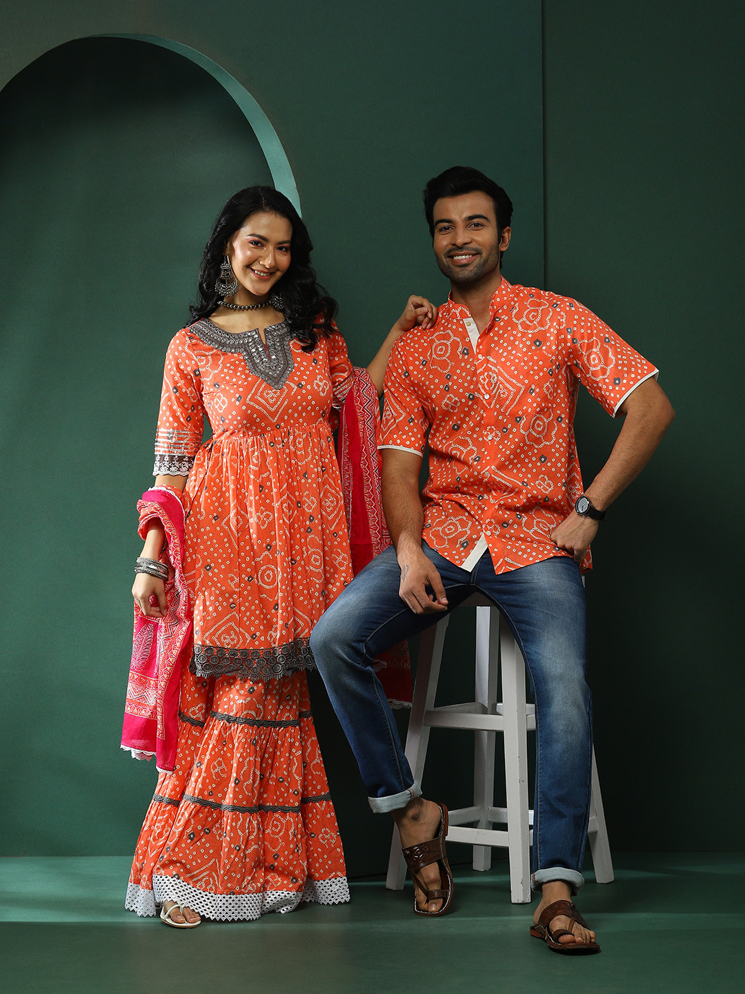 

AKS Couture Bandhani Printed A-Line Pure Cotton Kurta With Sharara & Dupatta, Orange