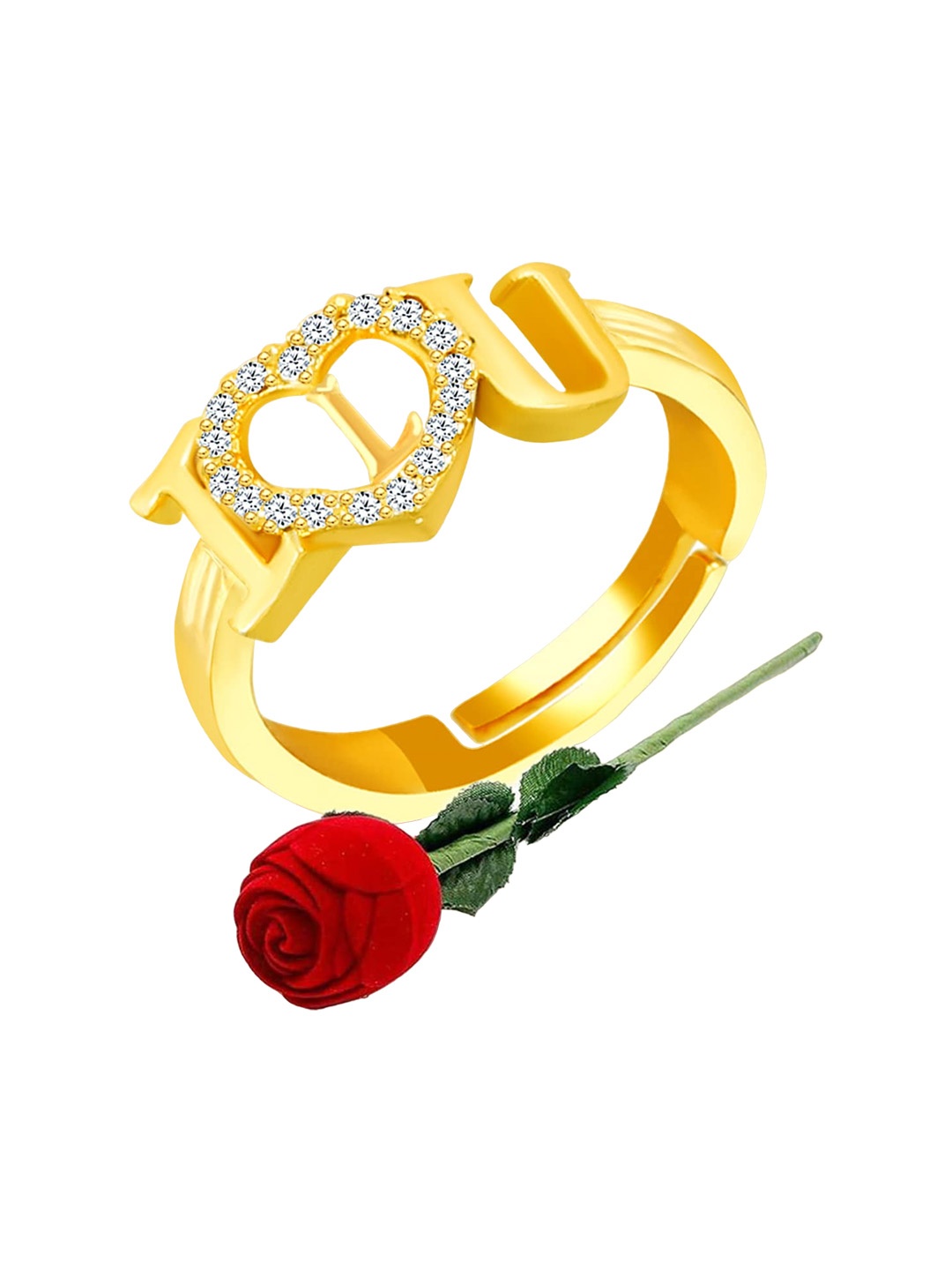 

MEENAZ Gold-Plated Cubic Zirconia-Studded L Alphabet Ring With Rose Box