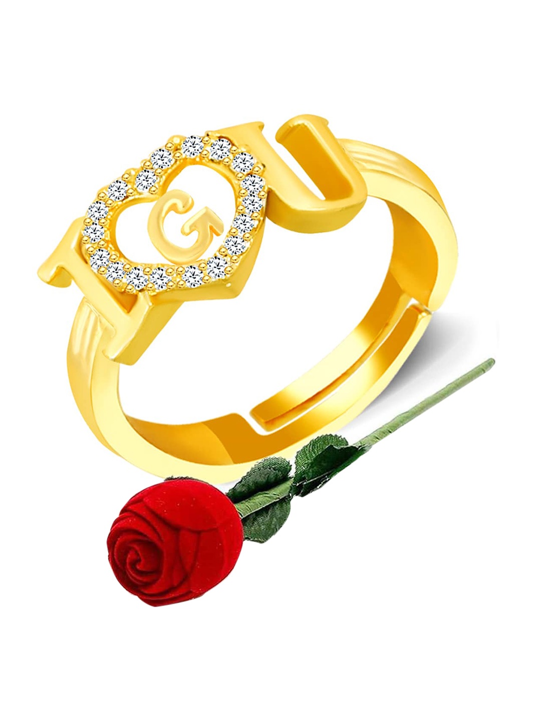 

MEENAZ Gold-Plated Cubic Zirconia-Studded G Alphabet Ring With Rose Box