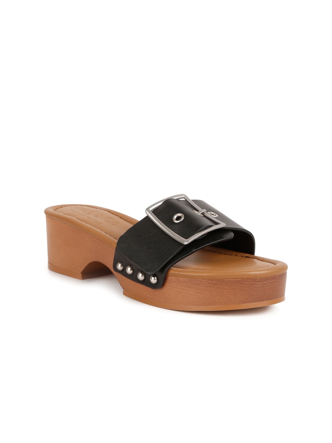 

RAG & CO Buckle Embellished Leather Platform Heels, Black