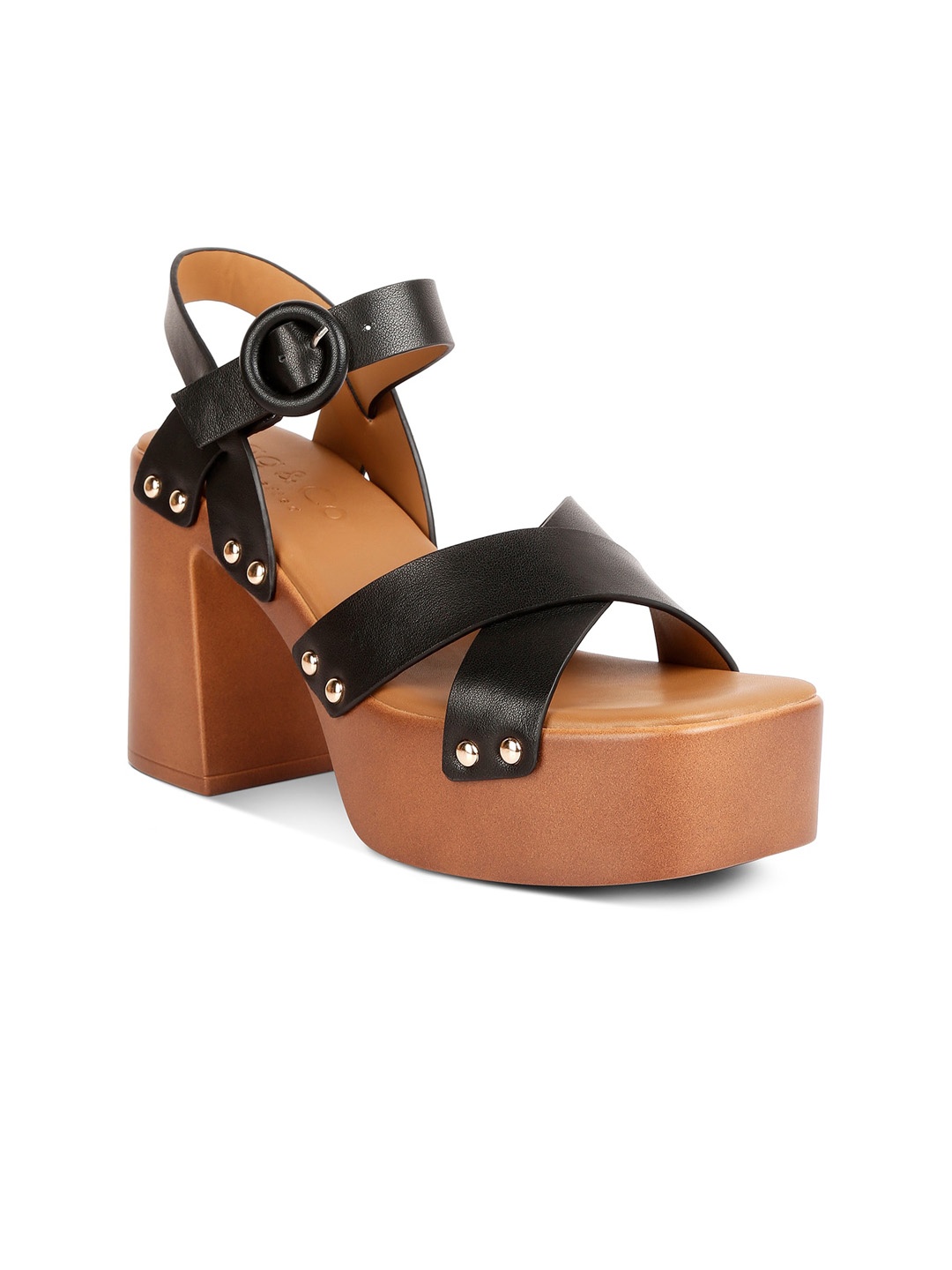 

RAG & CO Colourblocked Leather Platform Heels With Buckles, Black