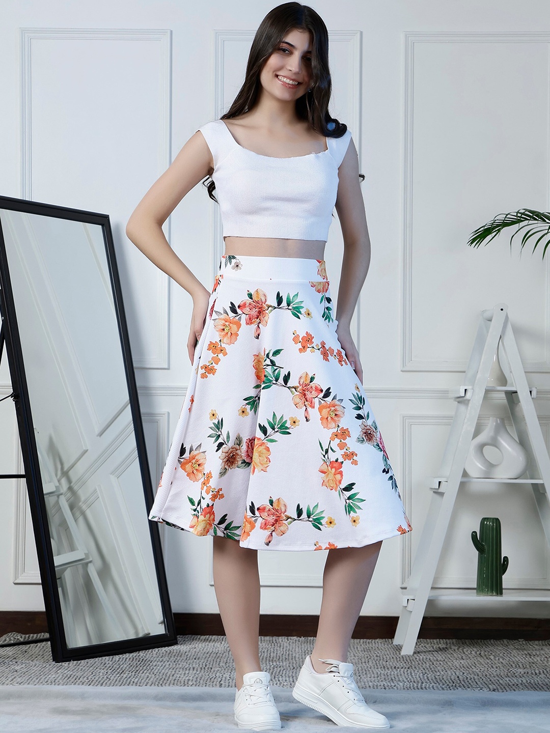 

NEUDIS Floral Printed High-Waist Midi-Length A-Line Skirt, White