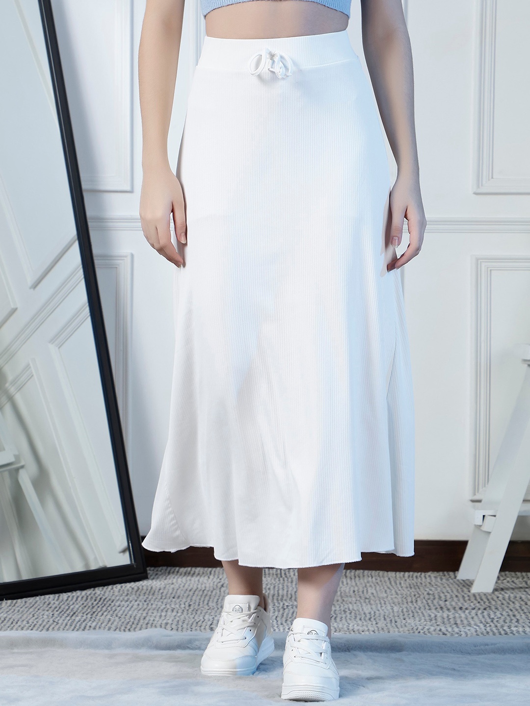 

NEUDIS Ribbed Flared A-Line Maxi Skirt, White