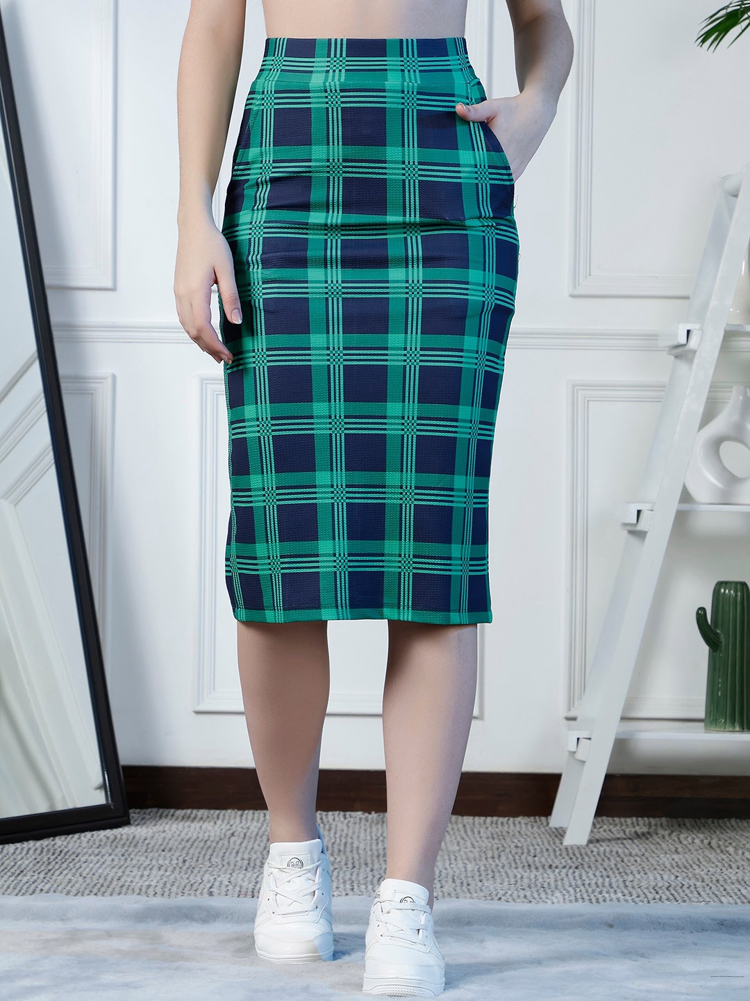 

NEUDIS Checked High-Waist Midi-Length Pencil Skirt, Green