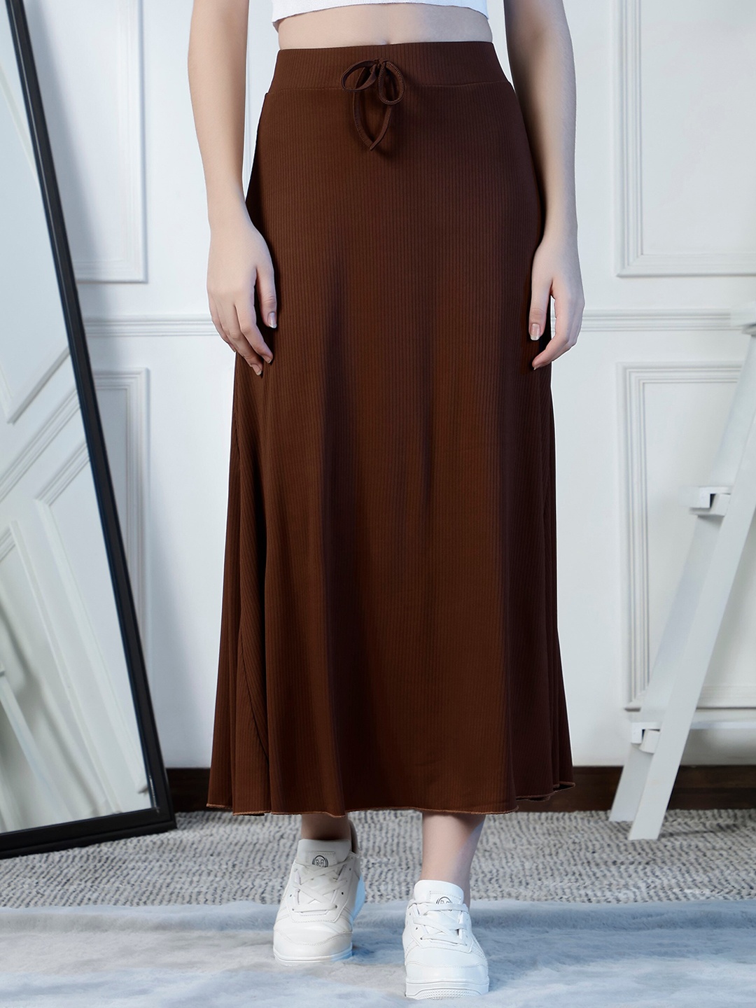 

NEUDIS Ribbed Flared A-Line Maxi Skirt, Brown