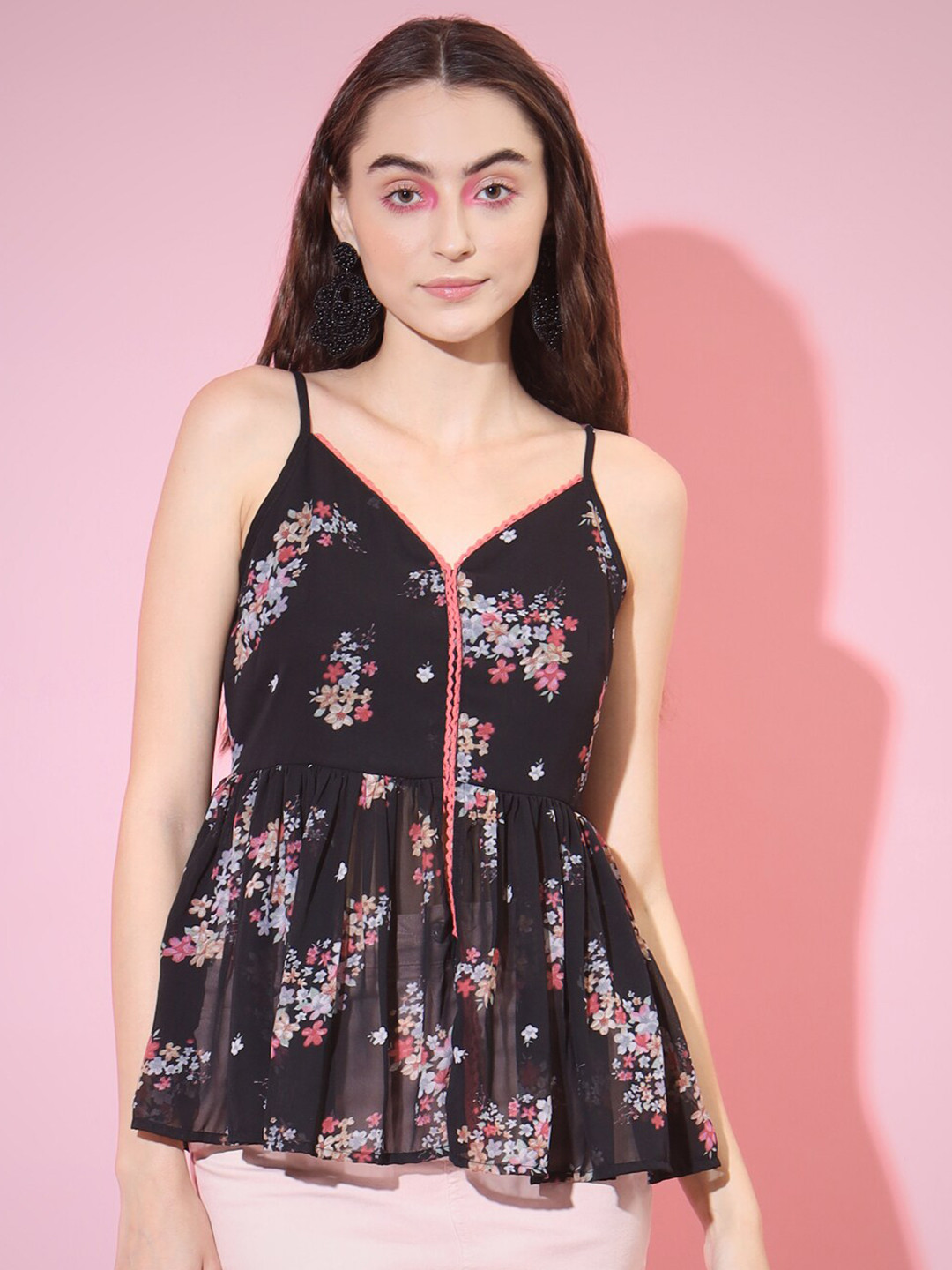 

DressBerry Floral Printed Shoulder Strap Top, Black