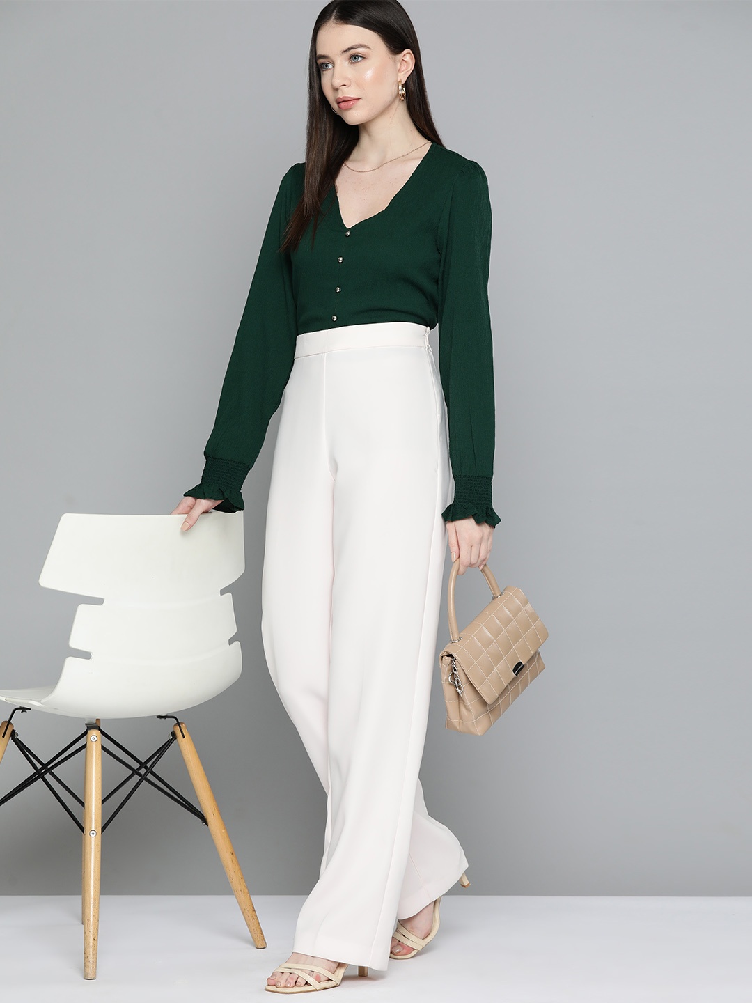 

Chemistry Puff Sleeve Crepe Shirt Style Top, Green