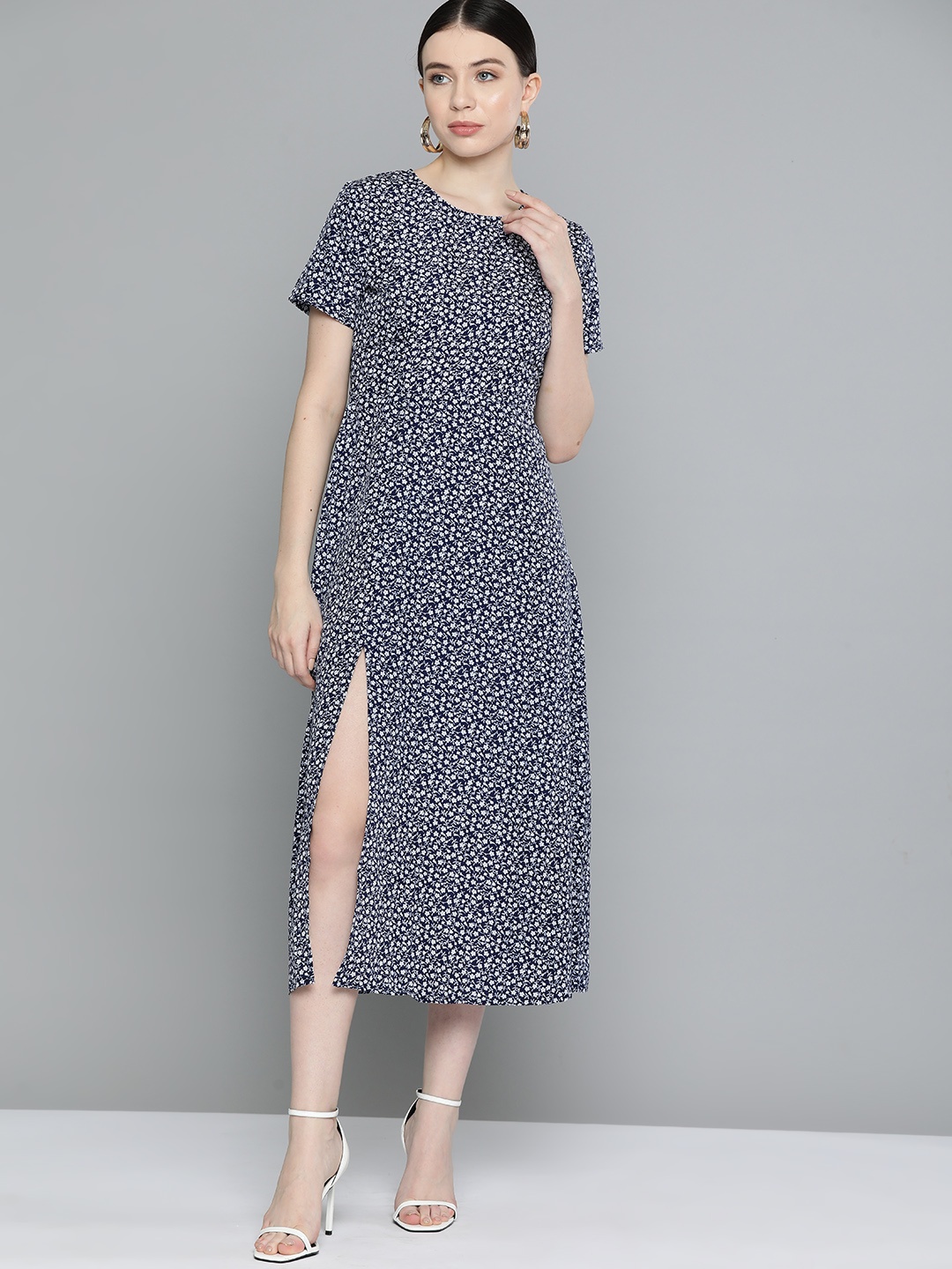 

Chemistry Floral Striped Crepe A-Line Midi Dress, Navy blue