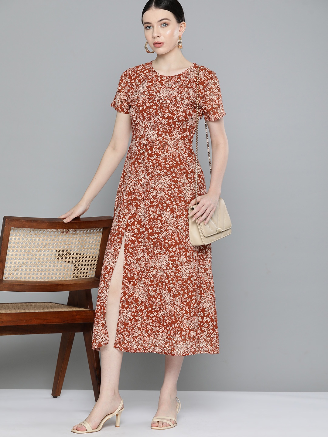 

Chemistry Floral Print Georgette A-Line Midi Dress, Rust