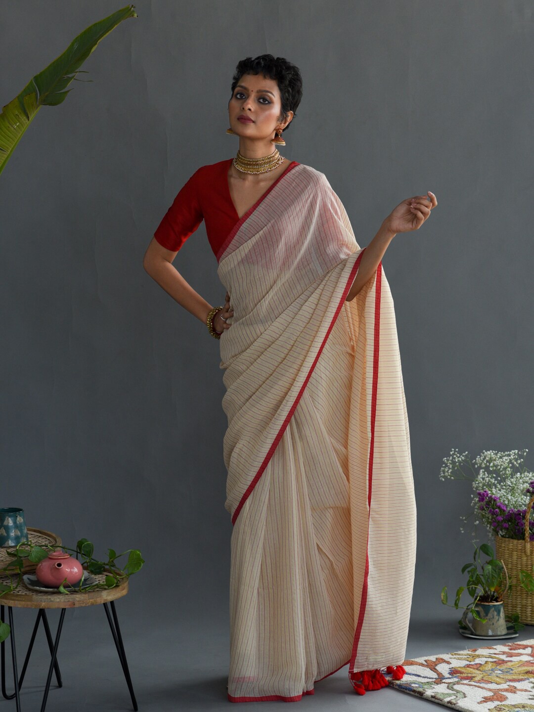 

Suta Striped Pure Cotton Saree, Off white
