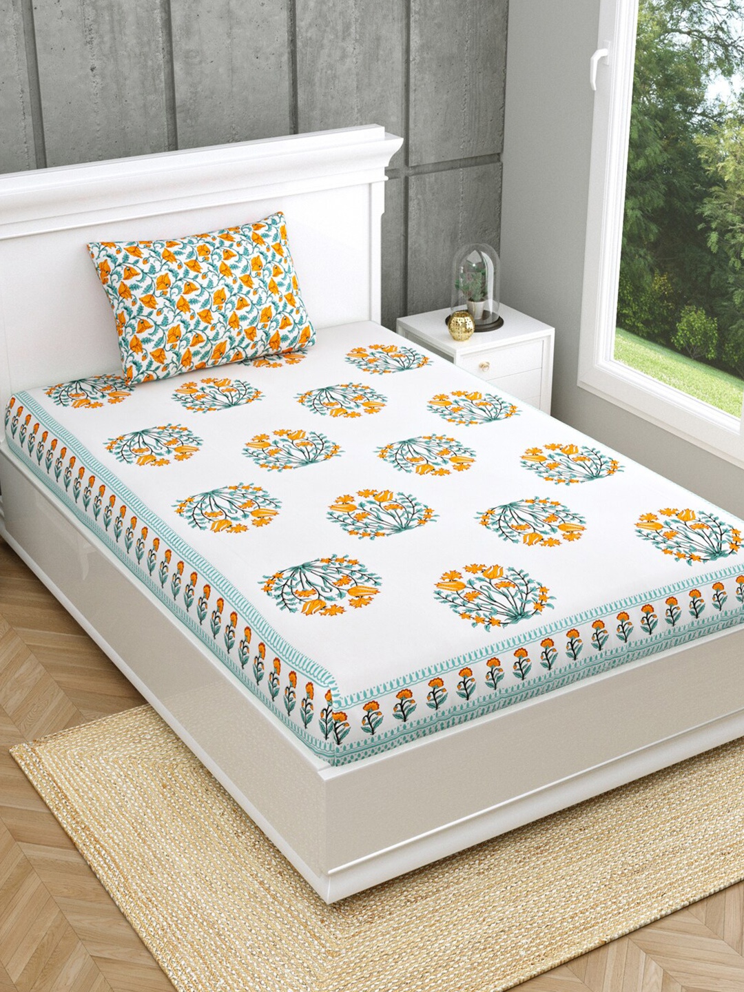 

Salona Bichona White & Orange Printed Cotton 120 TC Single Bedsheet with 1 Pillow Covers