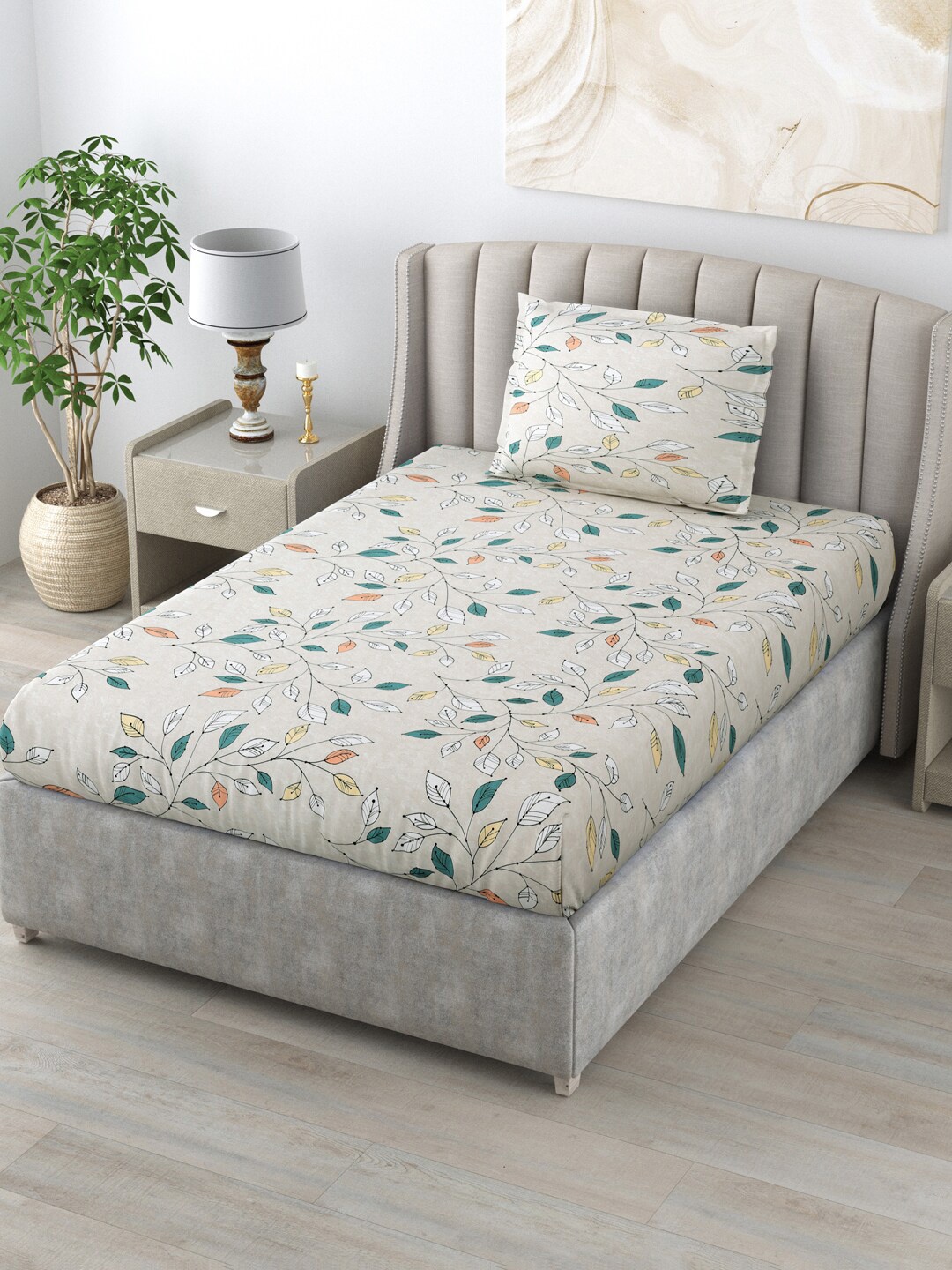 

Salona Bichona Grey & Blue Floral 144 TC Single Bedsheet with 1 Pillow Cover