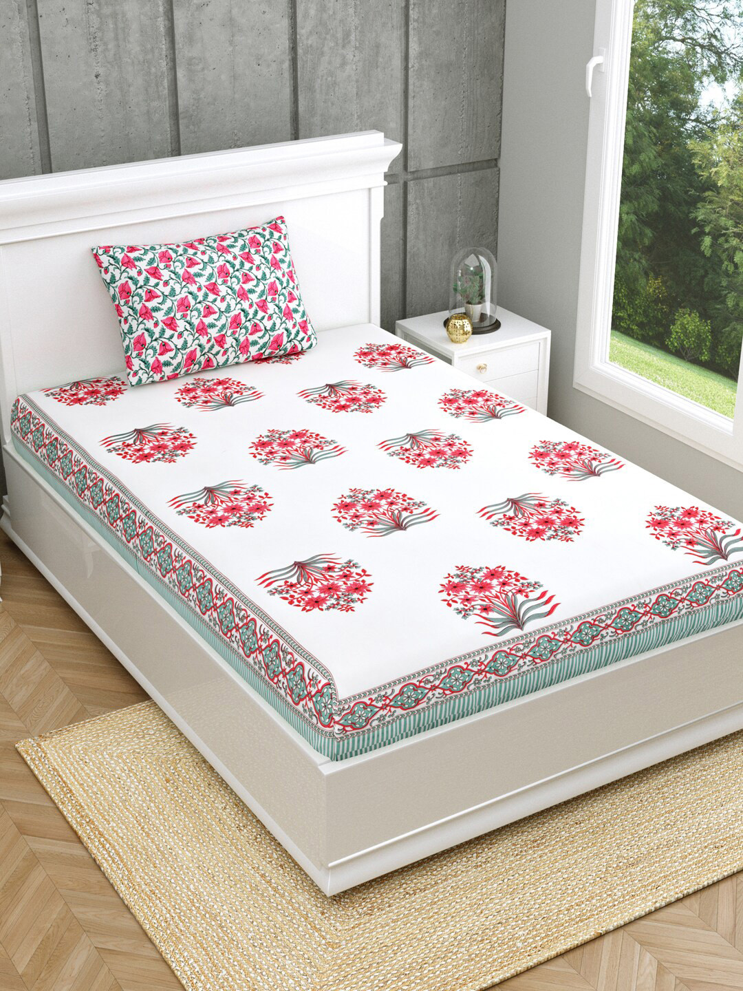 

Salona Bichona White & Pink Ethnic Motifs 120 TC Single Bedsheet with 1 Pillow Covers