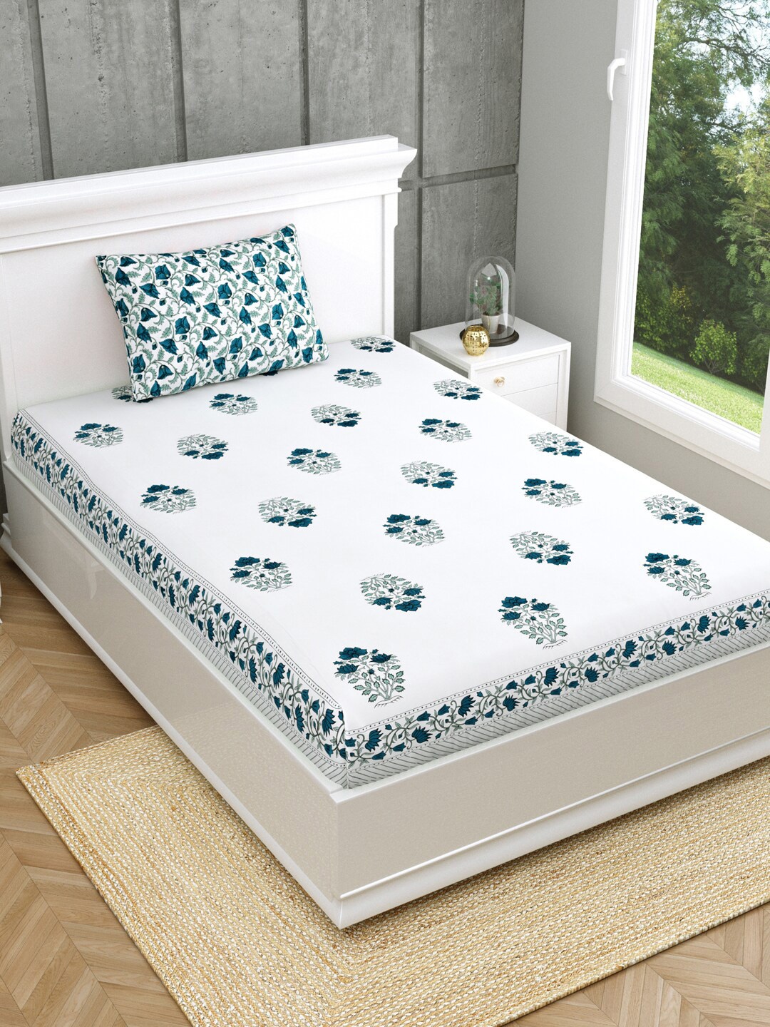 

Salona Bichona White & Teal Blue Ethnic Motifs 120 TC Single Bedsheet with 1 Pillow Cover
