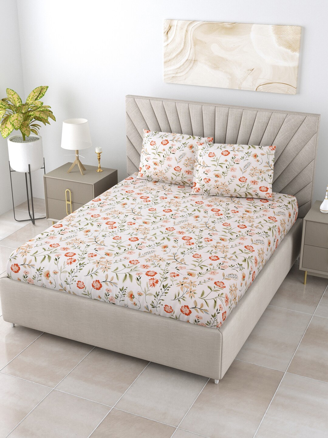 

Salona Bichona Green & White Printed 144 TC Queen Bedsheet with 2 Pillow Covers