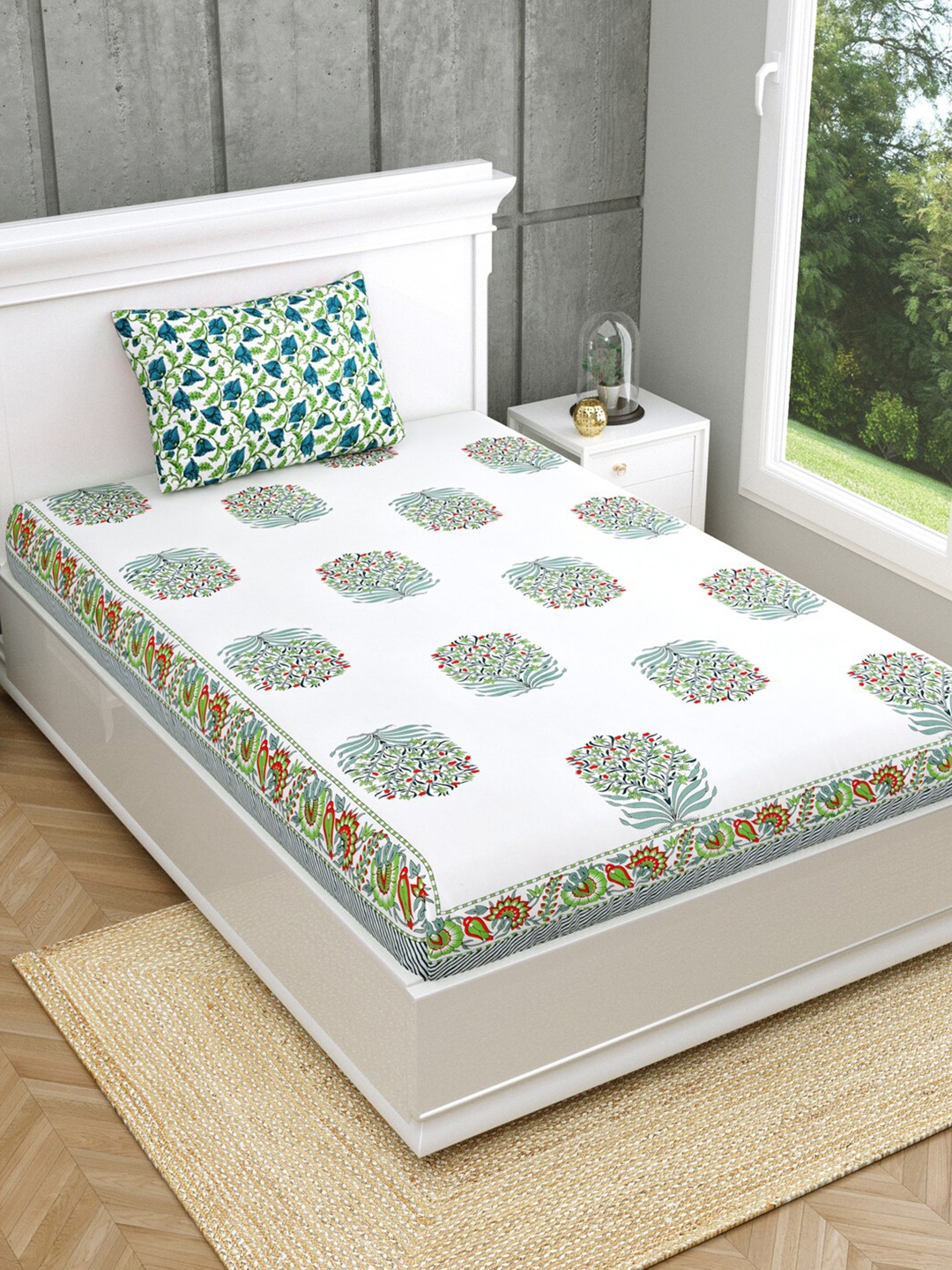 

Salona Bichona Green & White Printed Cotton 120 TC Single Bedsheet with 1 Pillow Covers