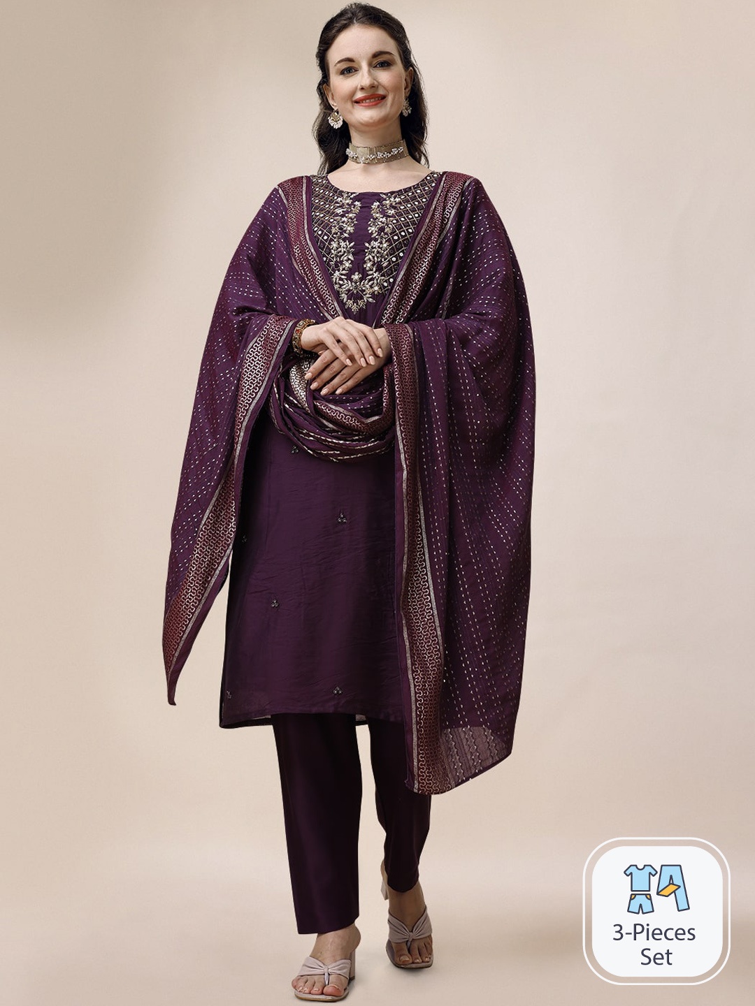 

Berrylicious Ethnic Motifs Embroidered Beads and Stones Kurta & Trousers With Dupatta, Magenta