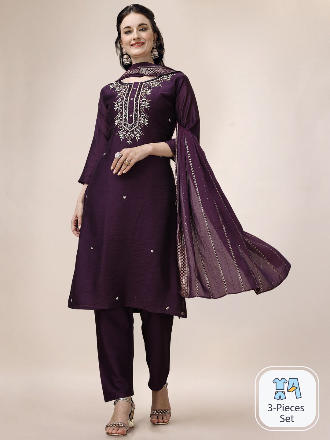 

Berrylicious Ethnic Motifs Embroidered Beads and Stones Chanderi Cotton Straight Kurta Set, Purple