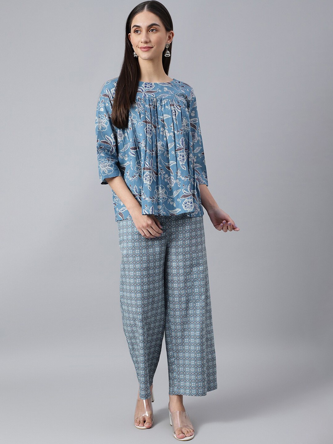 

Negen Printed Pure Cotton Top With Palazzo, Blue