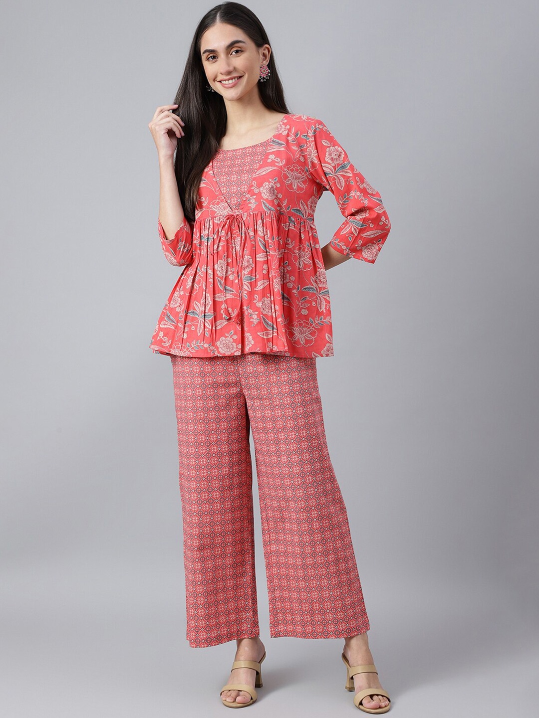 

Negen Floral Printed Pure Cotton Co-Ords Set, Peach