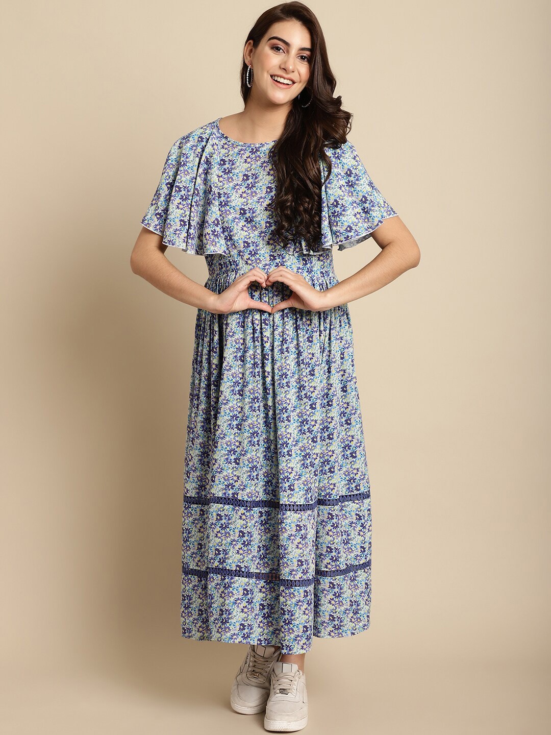 

Secret Wish Floral Printed Futter Sleeve Fit & Flare Midi Maternity Dress, Blue