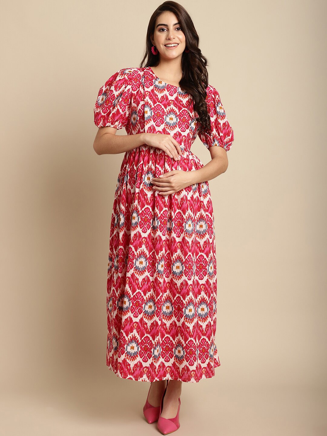 

Secret Wish Floral Printed Gathered Pure Cotton Fit & Flare Maternity Dress, Pink