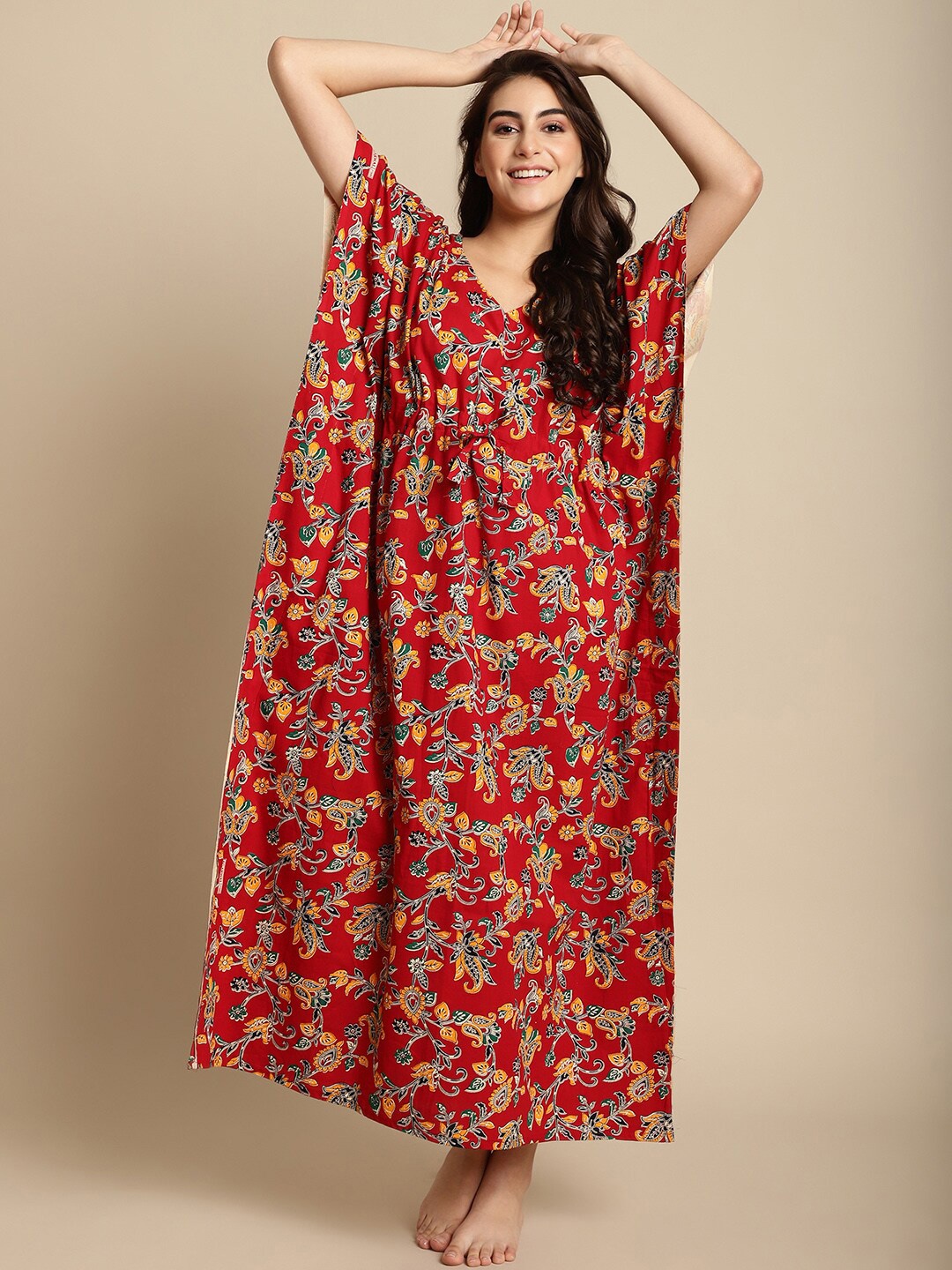 

Secret Wish Ethnic Motifs Printed V-Neck Pure Cotton Maxi Kaftan Nightdress, Red