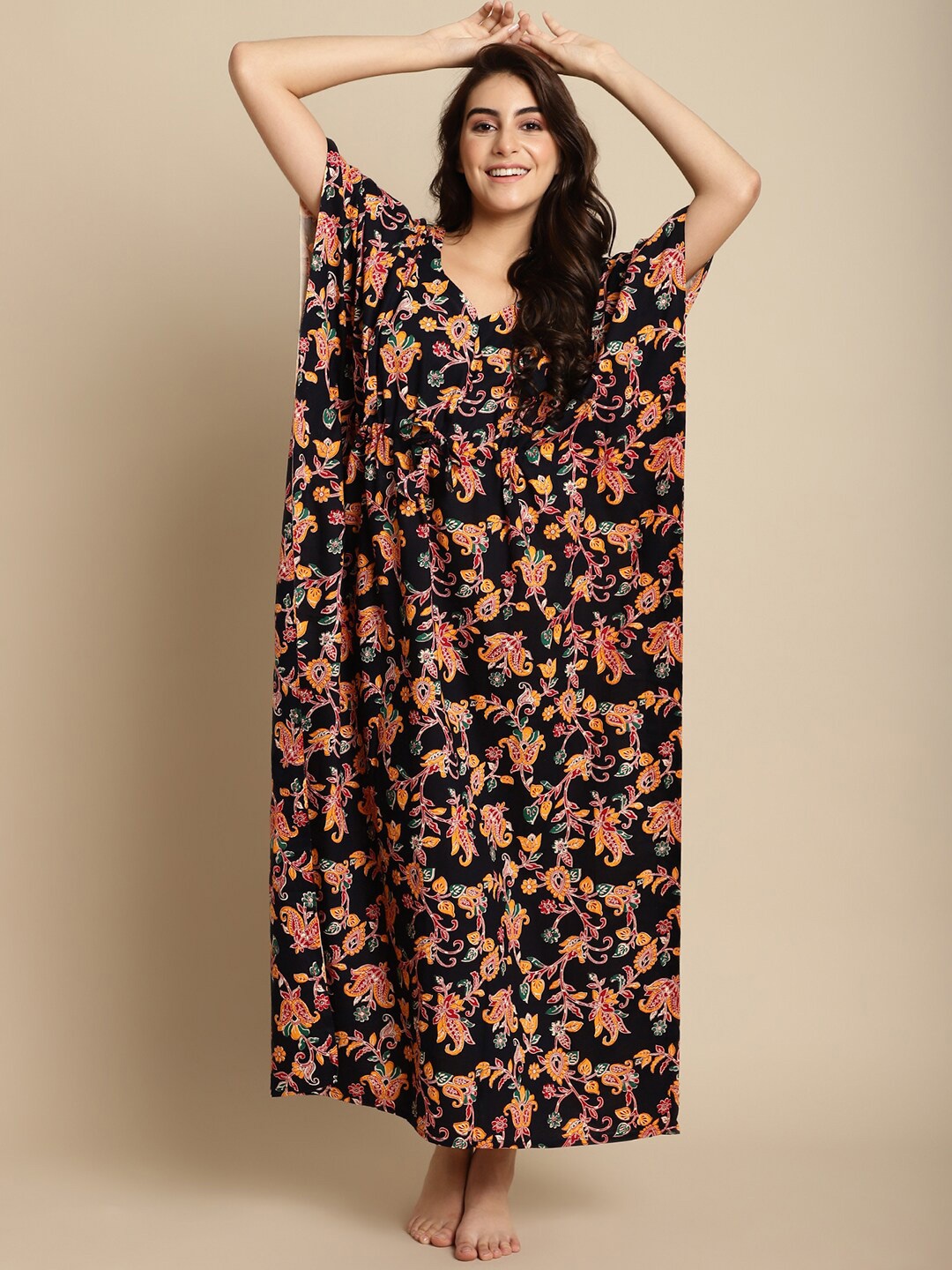 

Secret Wish Floral Printed V-Neck Pure Cotton Maxi Kaftan Nightdress, Black