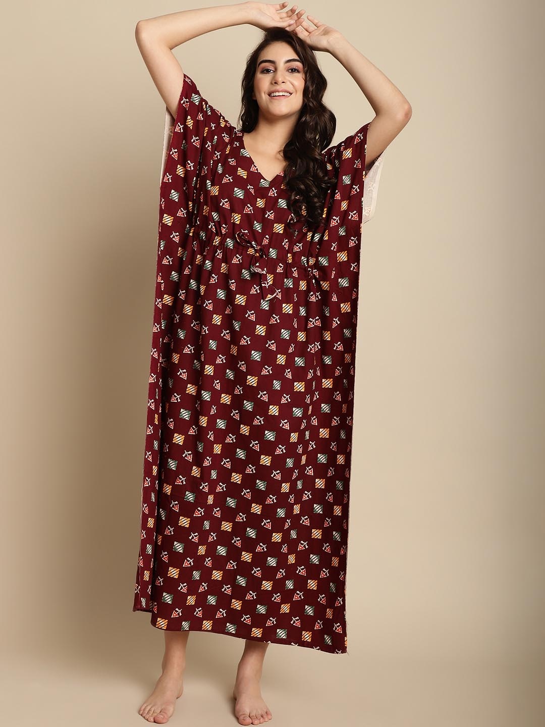

Secret Wish Geometric Printed V-Neck Pure Cotton Maxi Kaftan Nightdress, Maroon