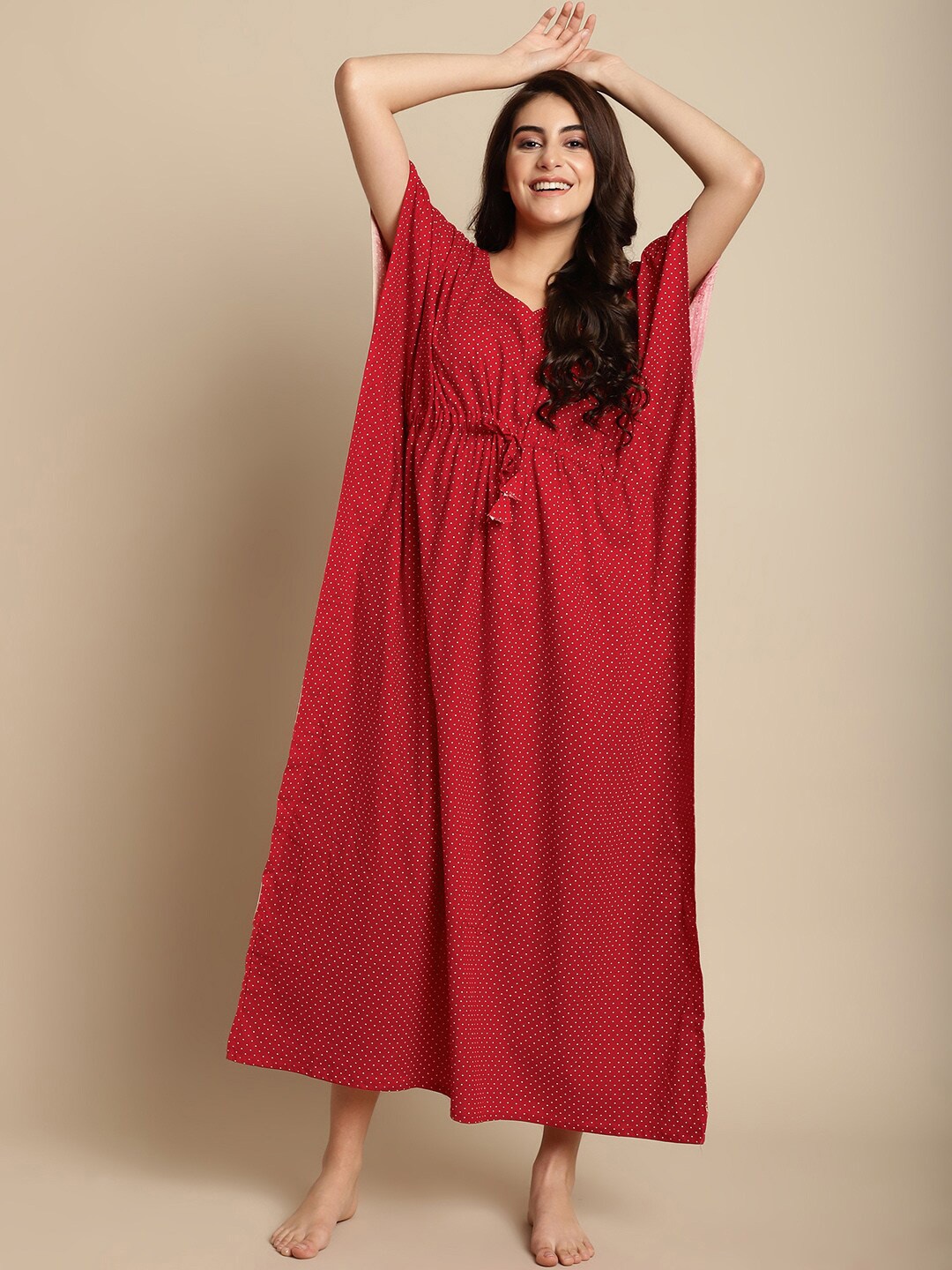 

Secret Wish Polka Dots Printed V-Neck Pure Cotton Maxi Kaftan Nightdress, Red