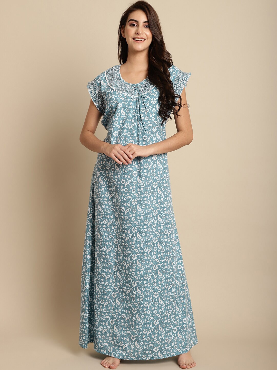 

Secret Wish Floral Printed Cotton Maxi Nightdress, Blue