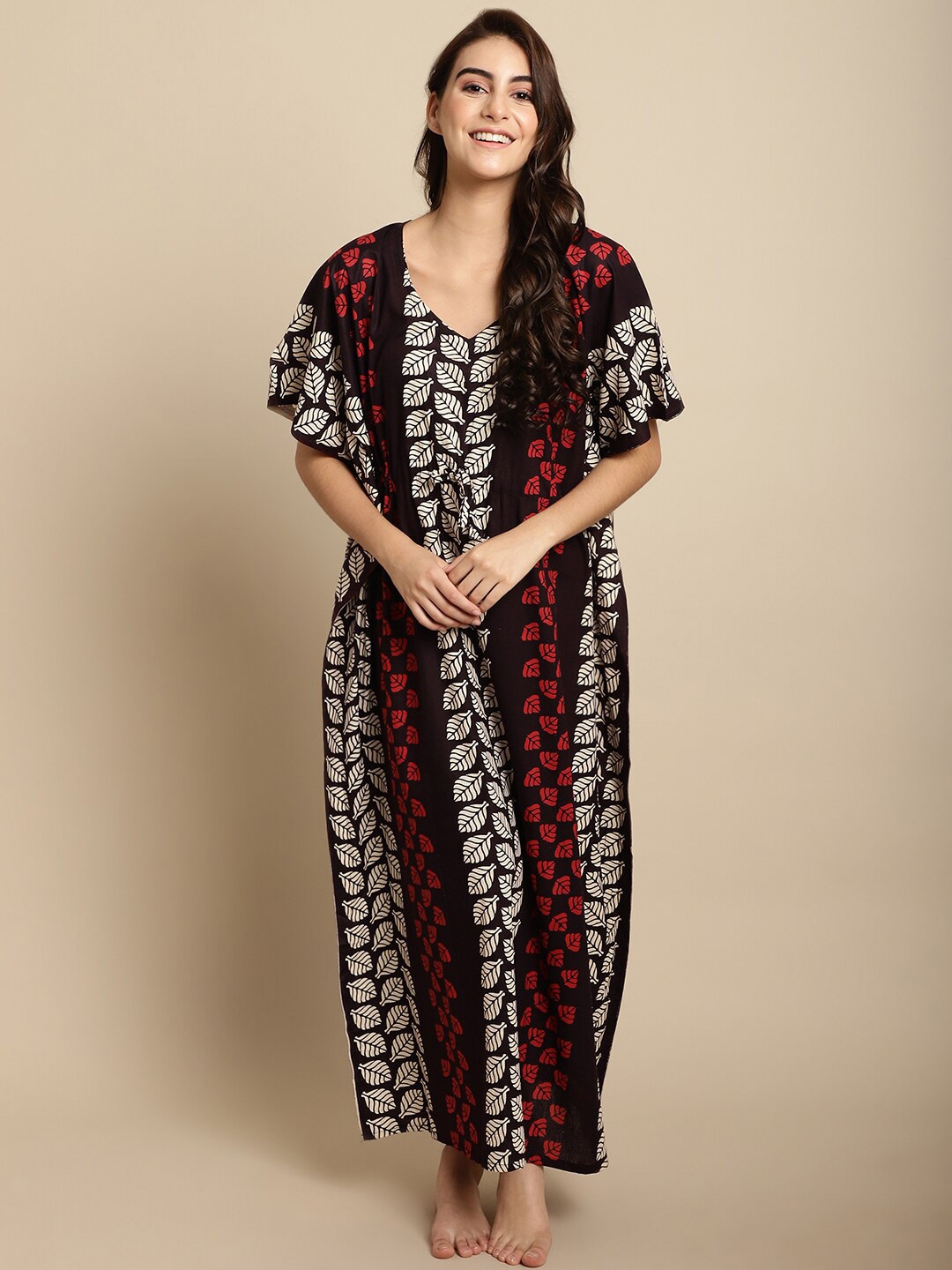 

Secret Wish Floral Printed V-Neck Pure Cotton Maxi Kaftan Nightdress, Brown