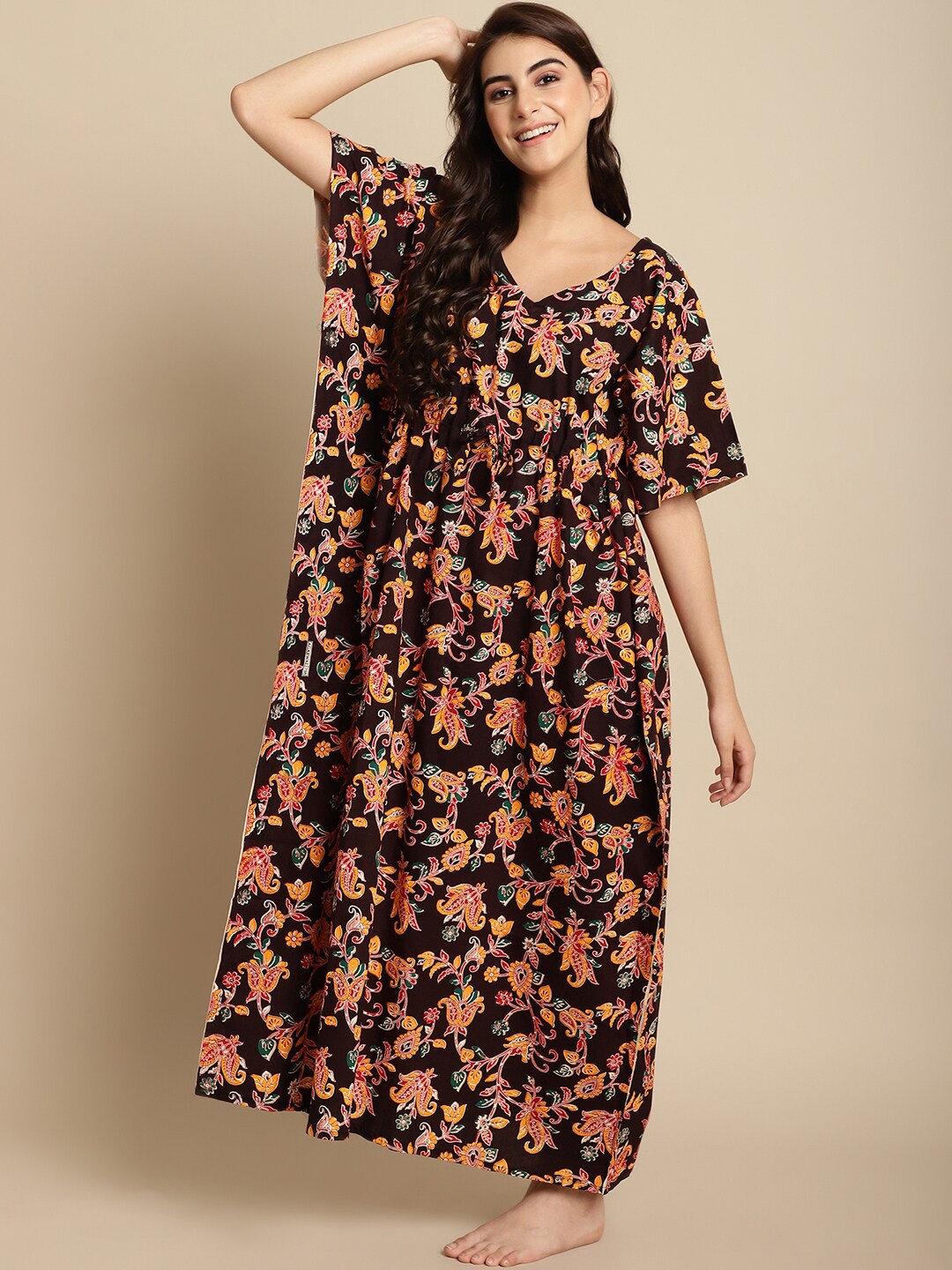 

Secret Wish Floral Printed Pure Cotton Maxi Kaftan Nightdress, Brown
